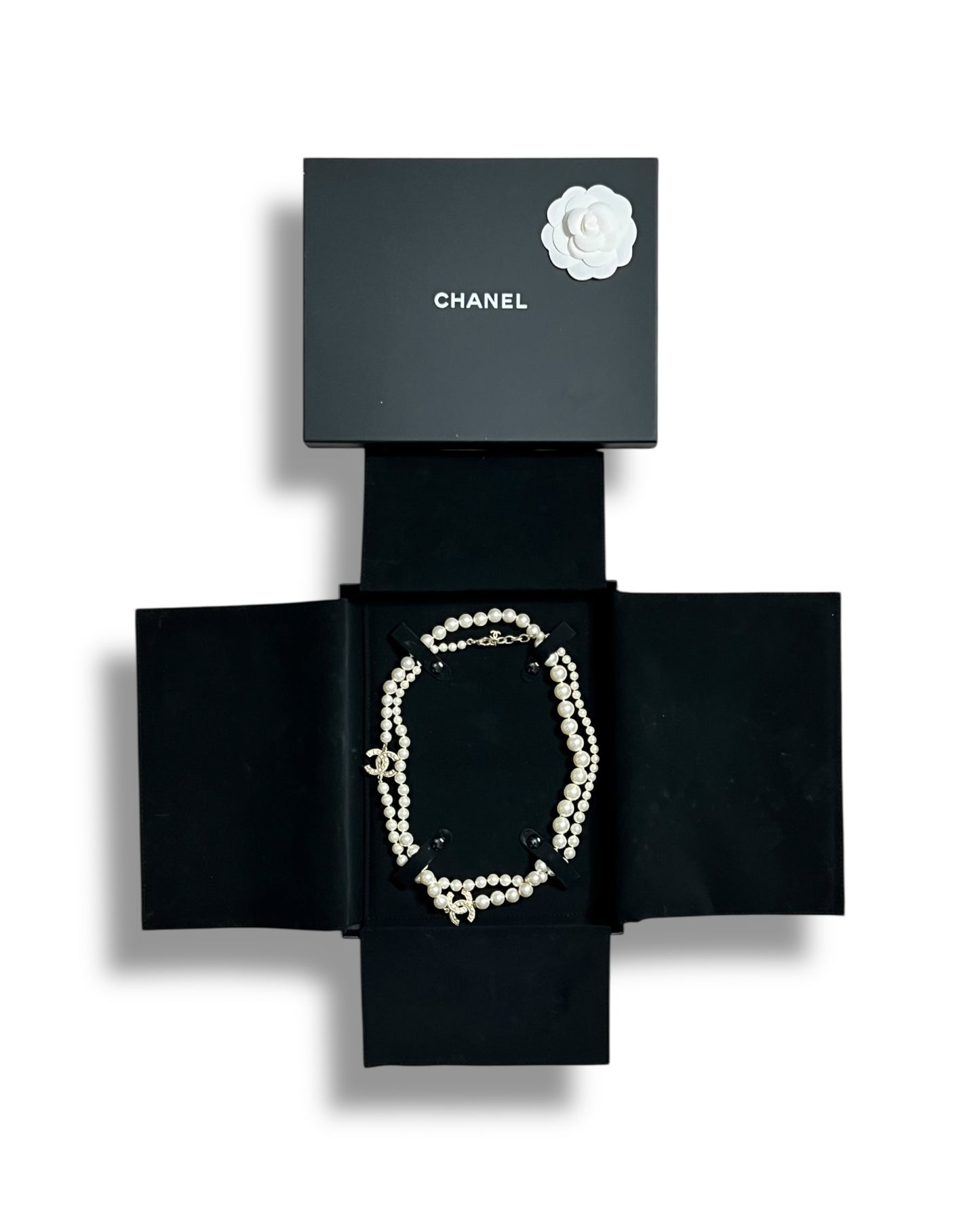 Chanel Faux Pearl Long Necklace Gold Tone CC Logo Double Strand
