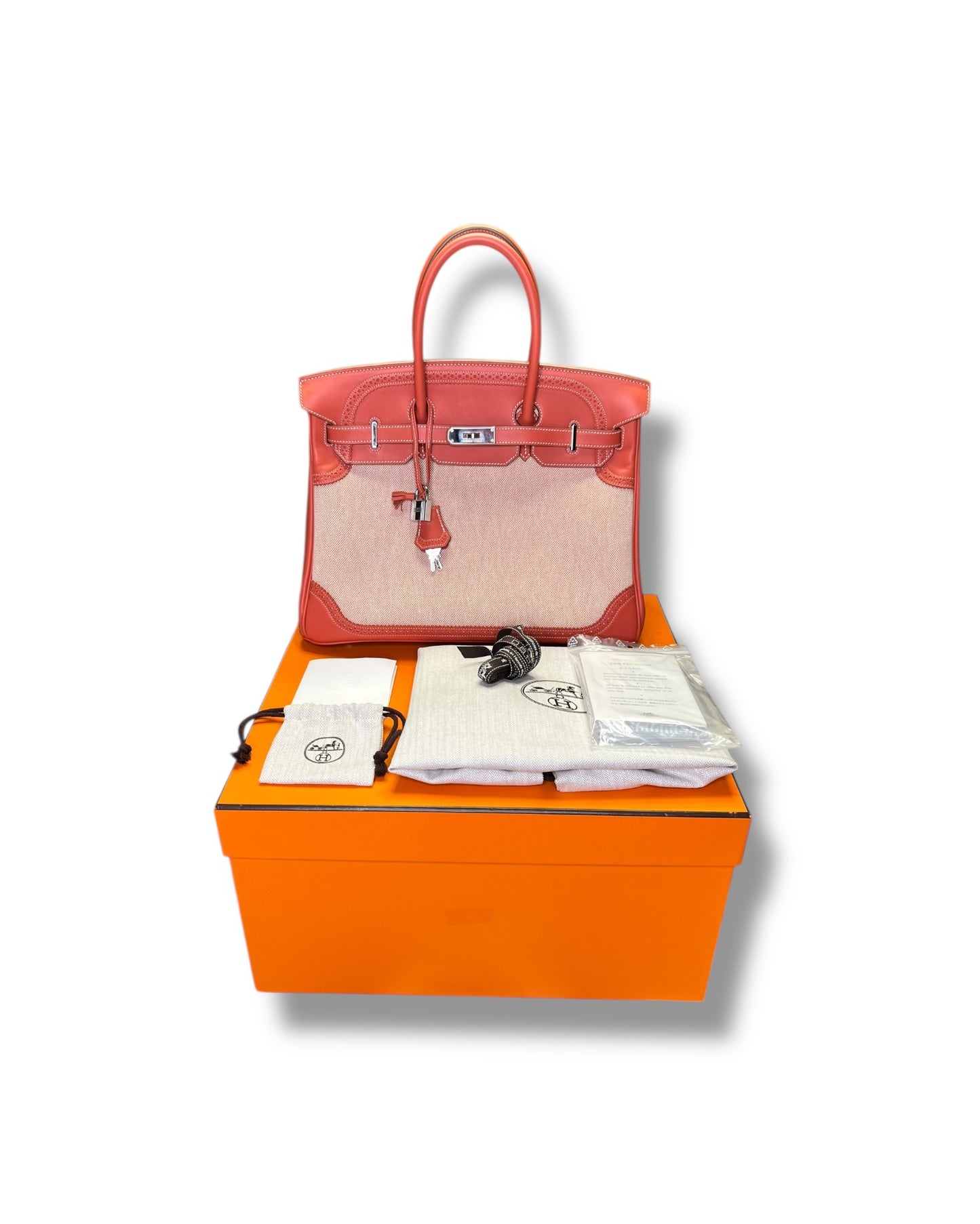 Hermès Birkin 35 Ghillies – Sanguine Swift with Toile Panels, Palladium Hardware – 2015 (T Stamp)