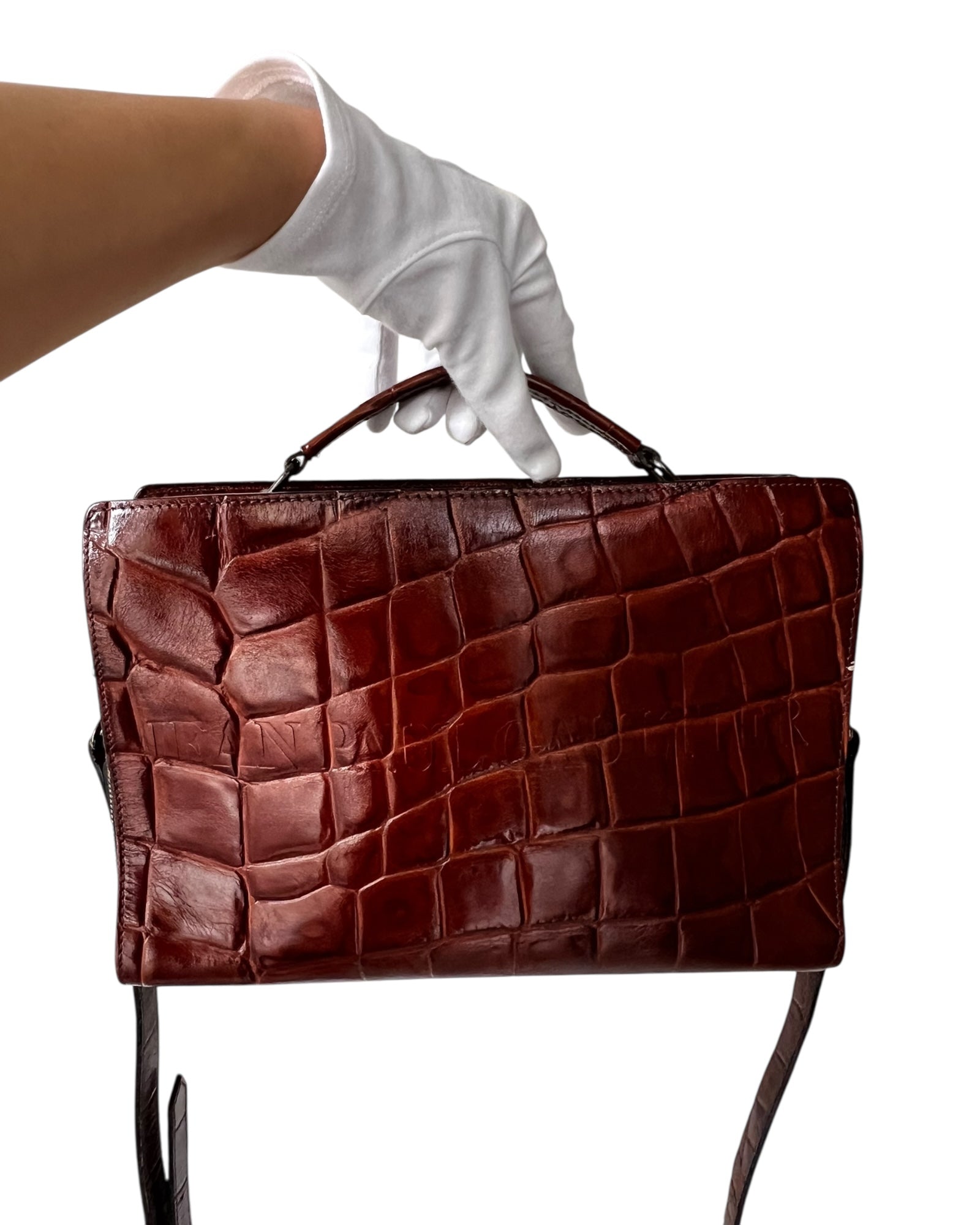 Vintage Croc-Embossed Structured Bag – Tan Colour - The Luxury Savvy