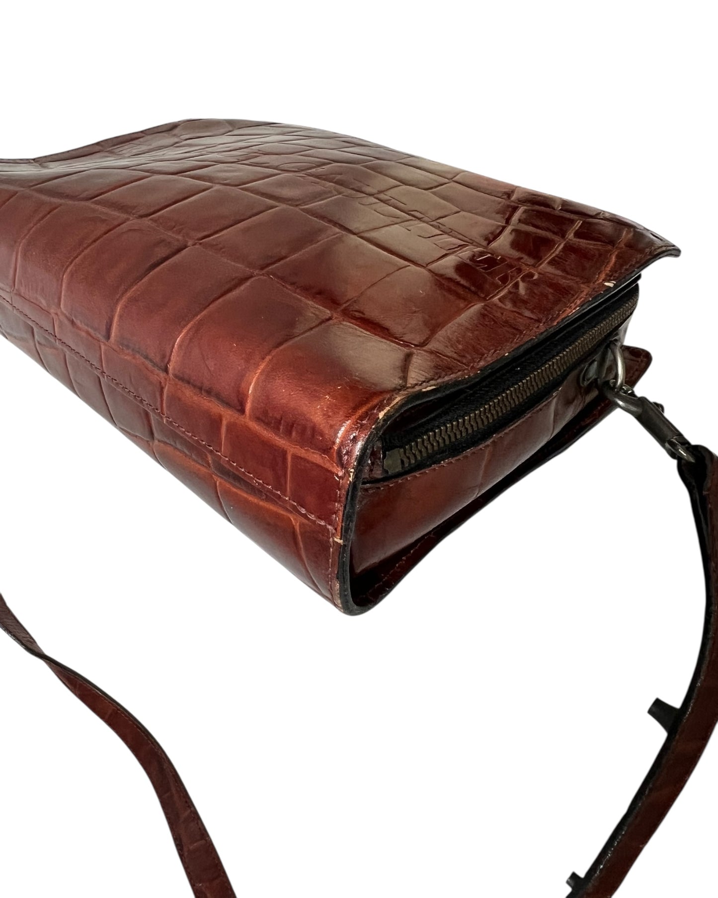 Vintage Croc-Embossed Structured Bag – Tan Colour