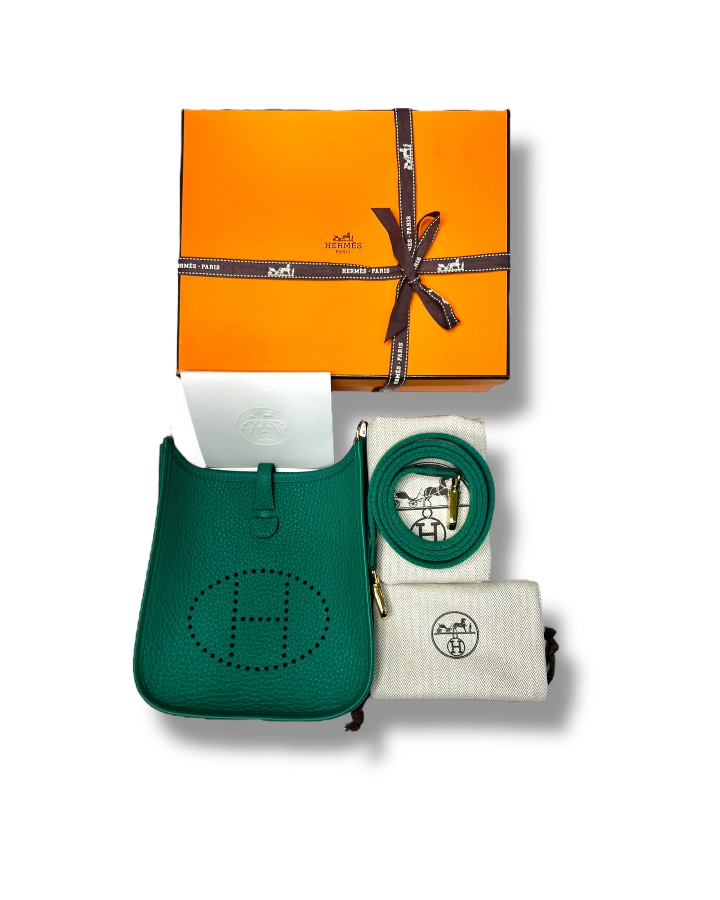 Hermès Evelyne TPM – Vert Vertigo Clemence with Gold Hardware (2024 Full Set)
