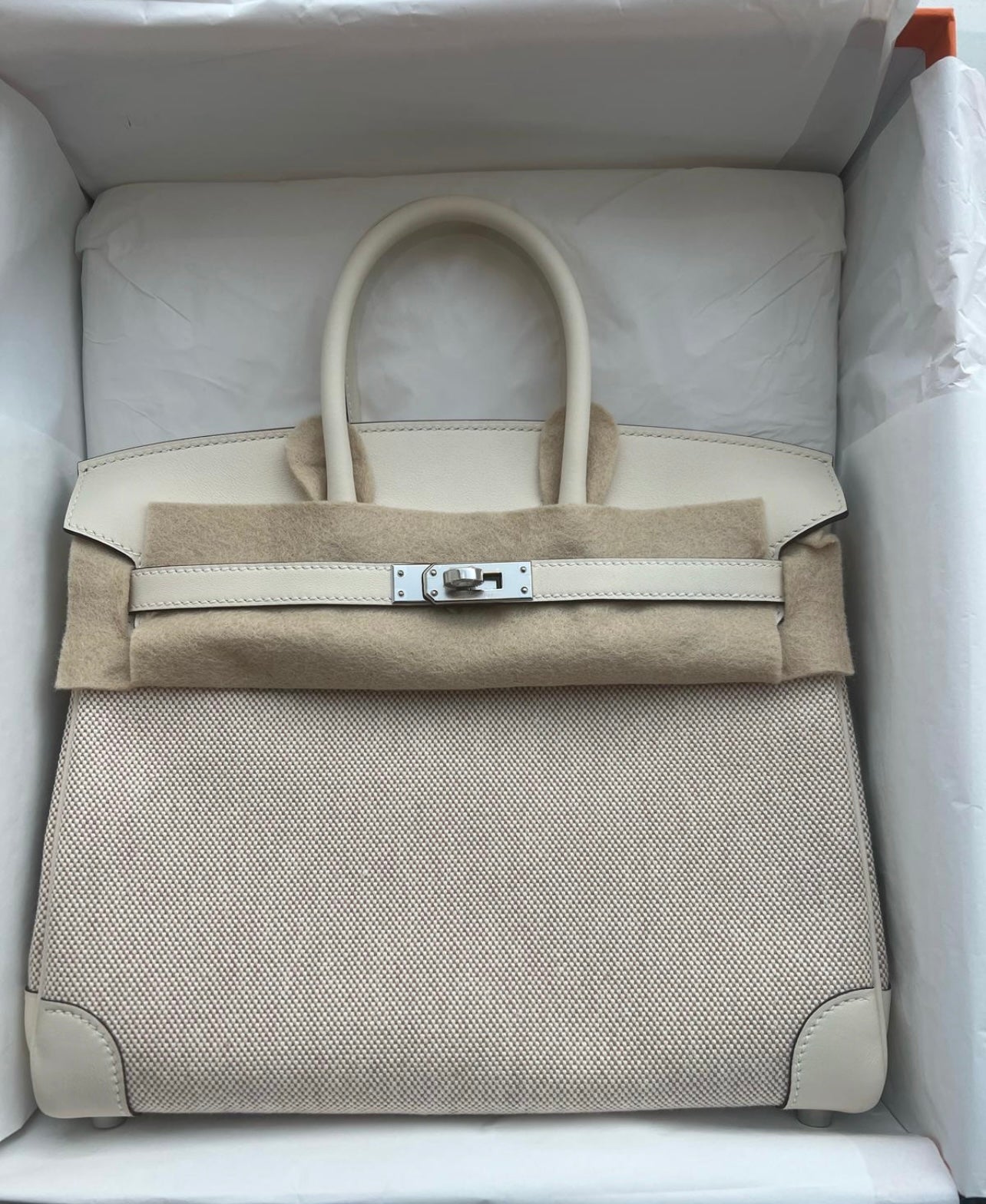 Hermès Birkin 25 Toile Nata Swift Palladium Hardware Pristine Condition - Full Set - The Luxury Savvy