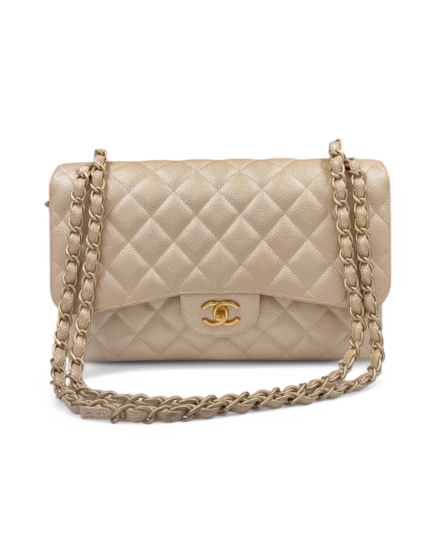 Pre-owned Chanel 12P Pearly Beige Caviar Jumbo Double Flap Bag - The Luxury Savvy