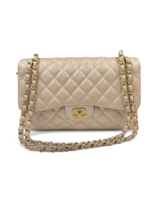 Pre-owned Chanel 12P Pearly Beige Caviar Jumbo Double Flap Bag - The Luxury Savvy