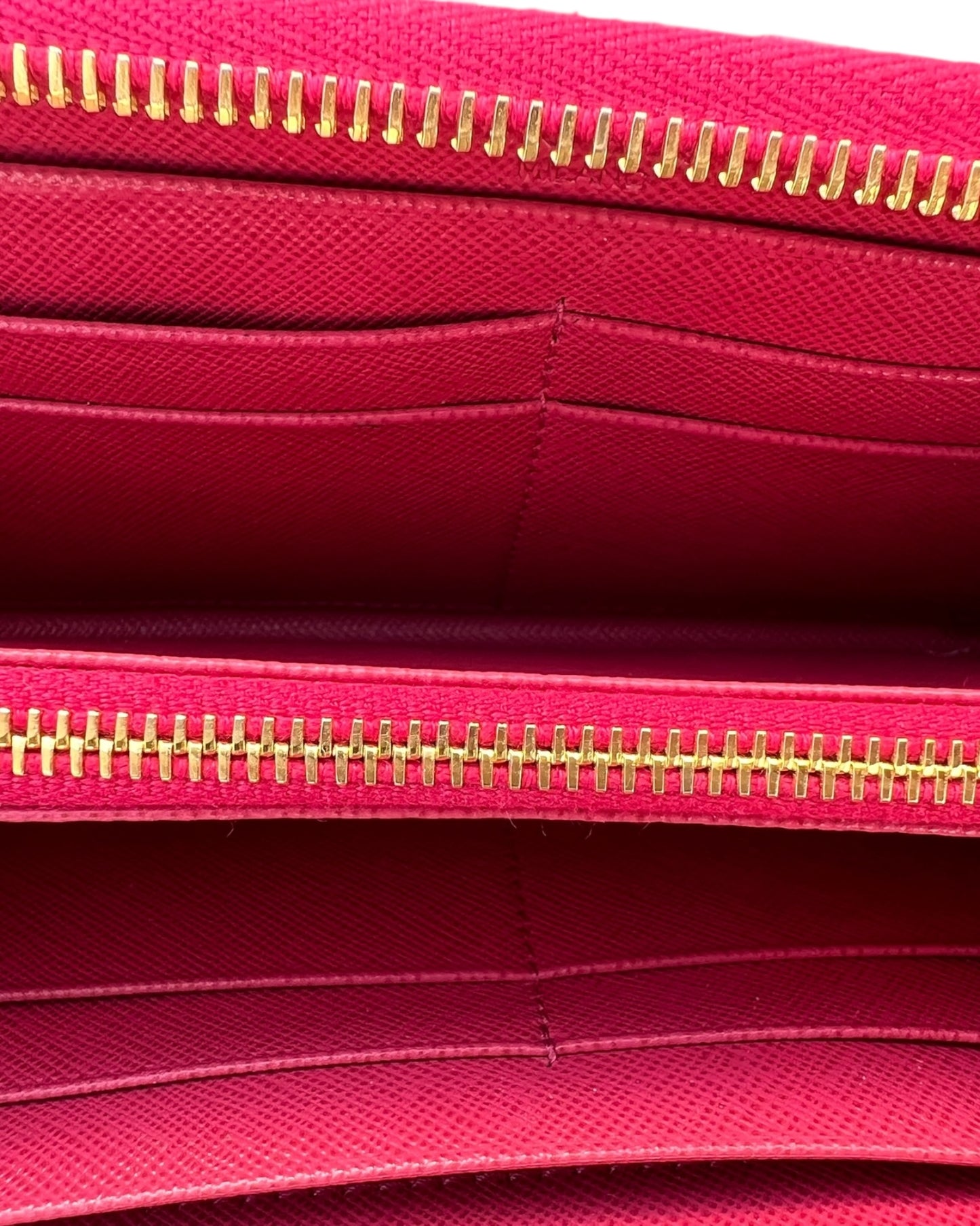 Prada Pink Saffiano Leather Zip-Around Wallet with Gold Hardware – Excellent Condition - The Luxury Savvy