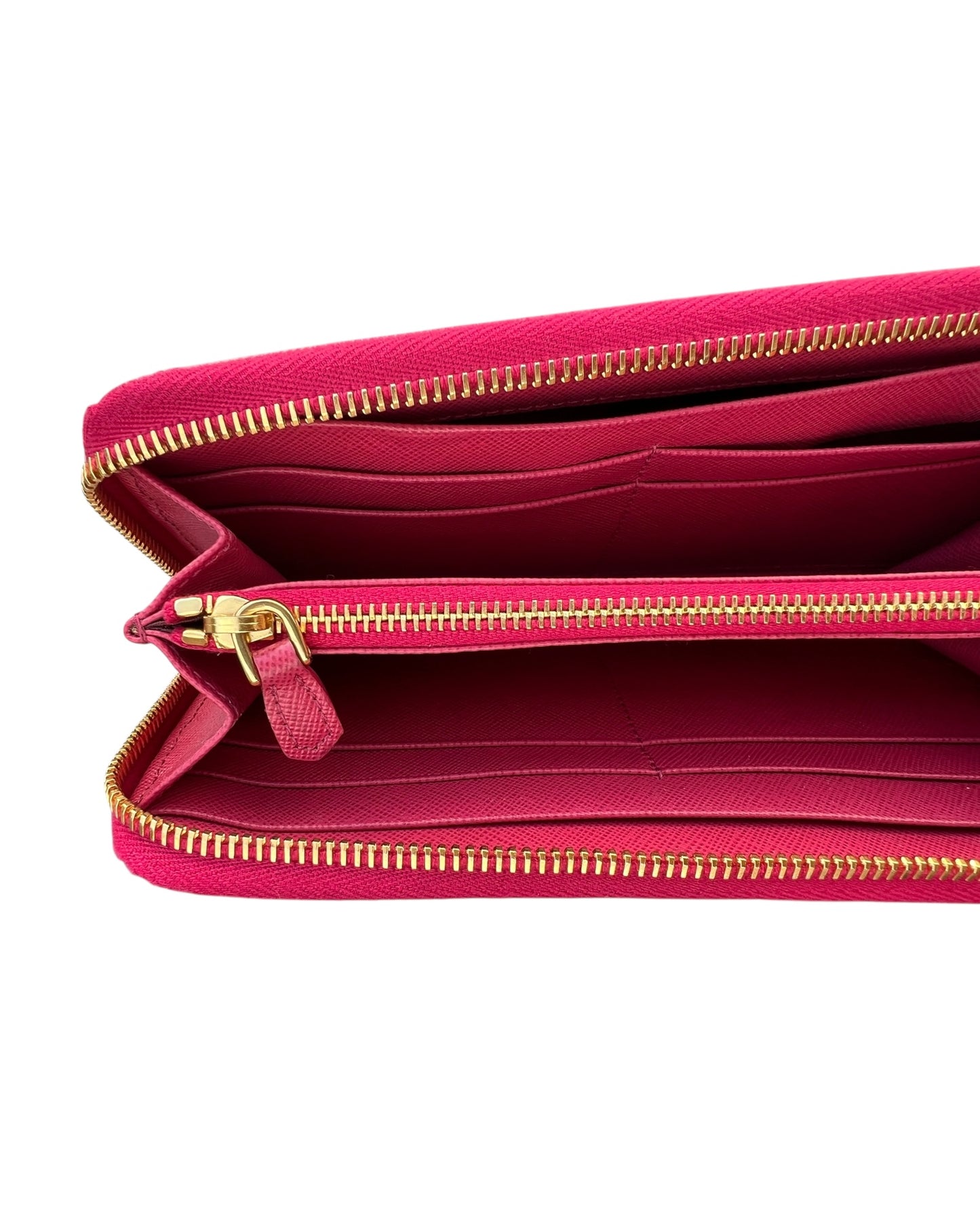 Prada Pink Saffiano Leather Zip-Around Wallet with Gold Hardware – Excellent Condition - The Luxury Savvy