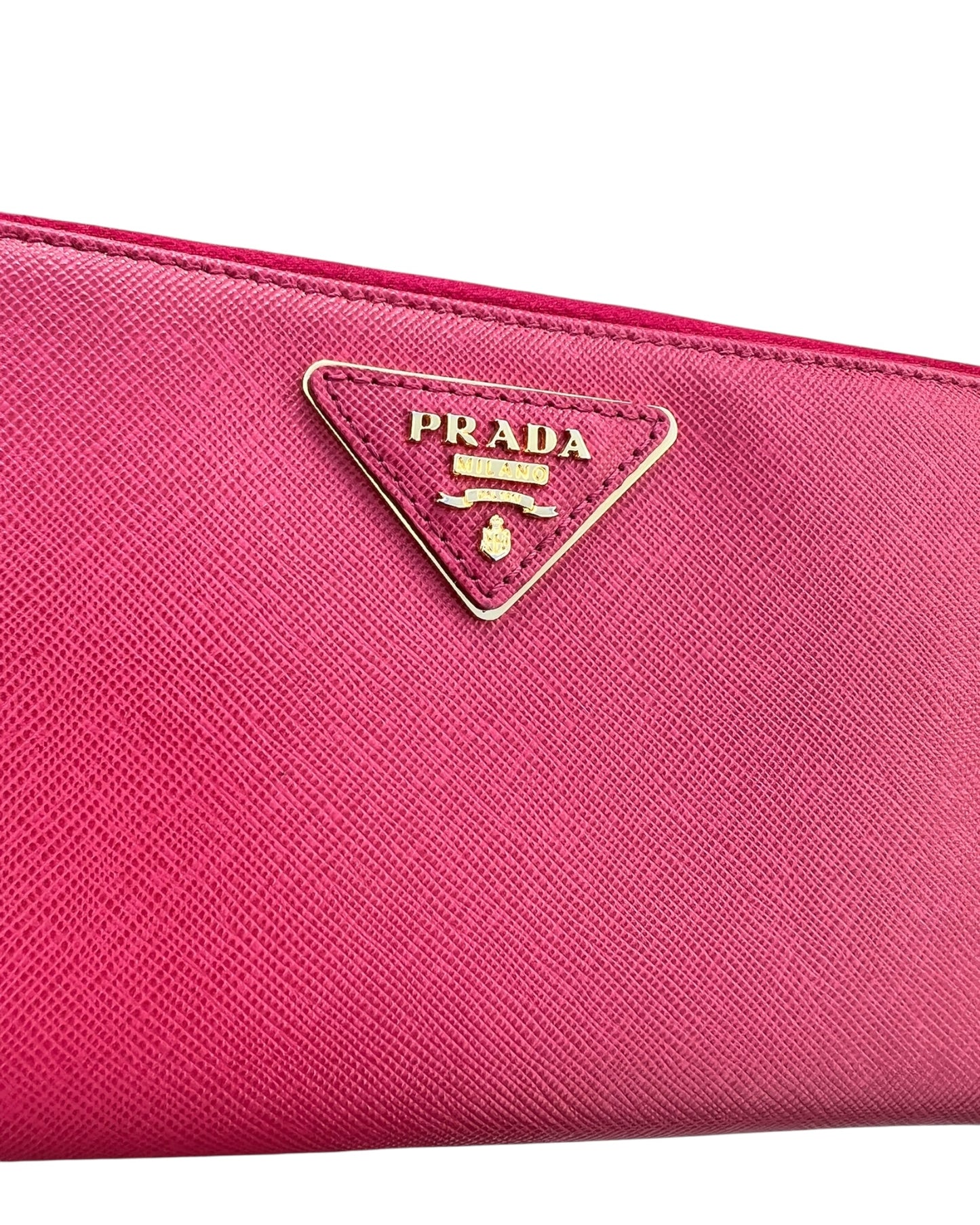 Prada Pink Saffiano Leather Zip-Around Wallet with Gold Hardware – Excellent Condition - The Luxury Savvy