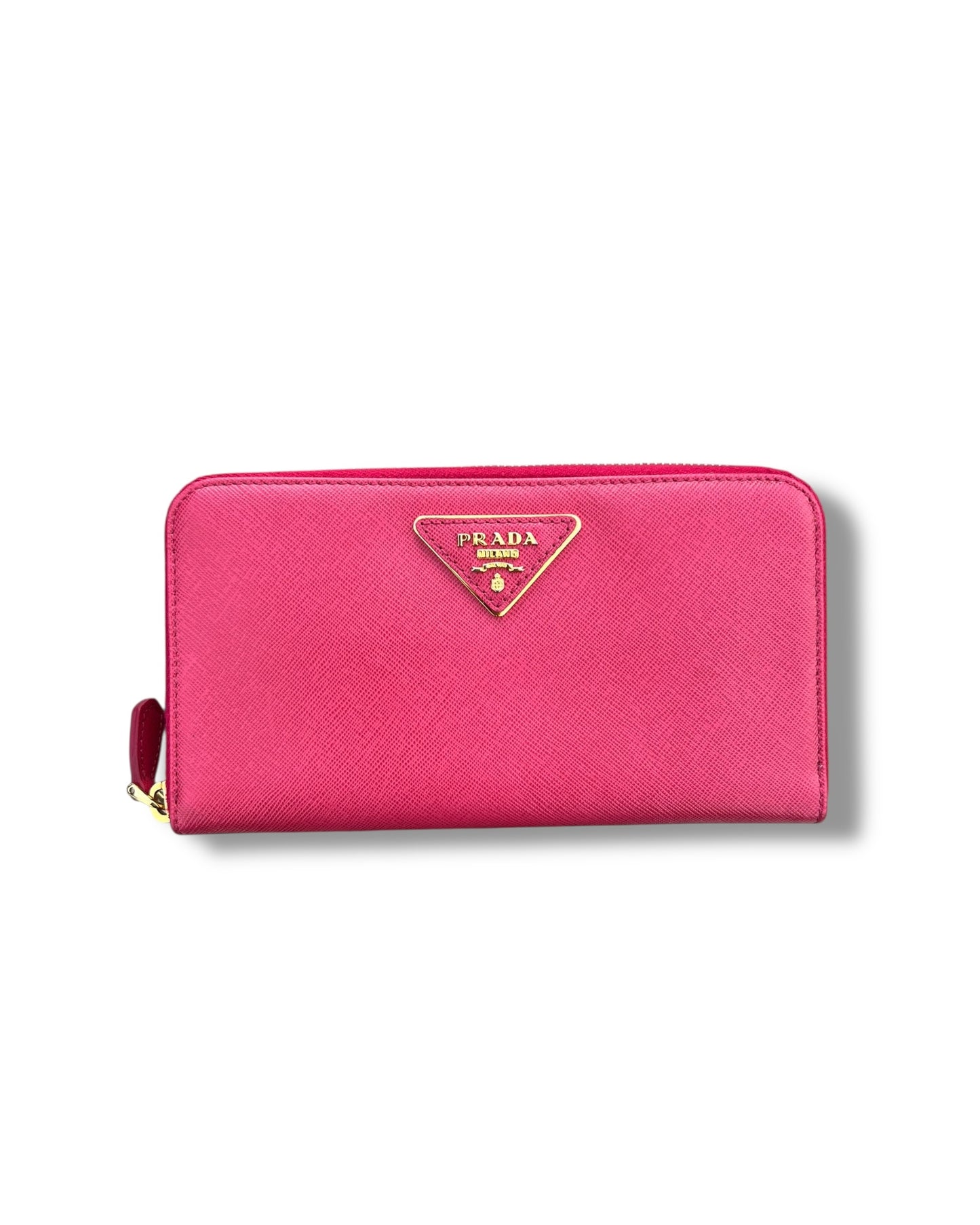 Prada Pink Saffiano Leather Zip-Around Wallet with Gold Hardware – Excellent Condition - The Luxury Savvy