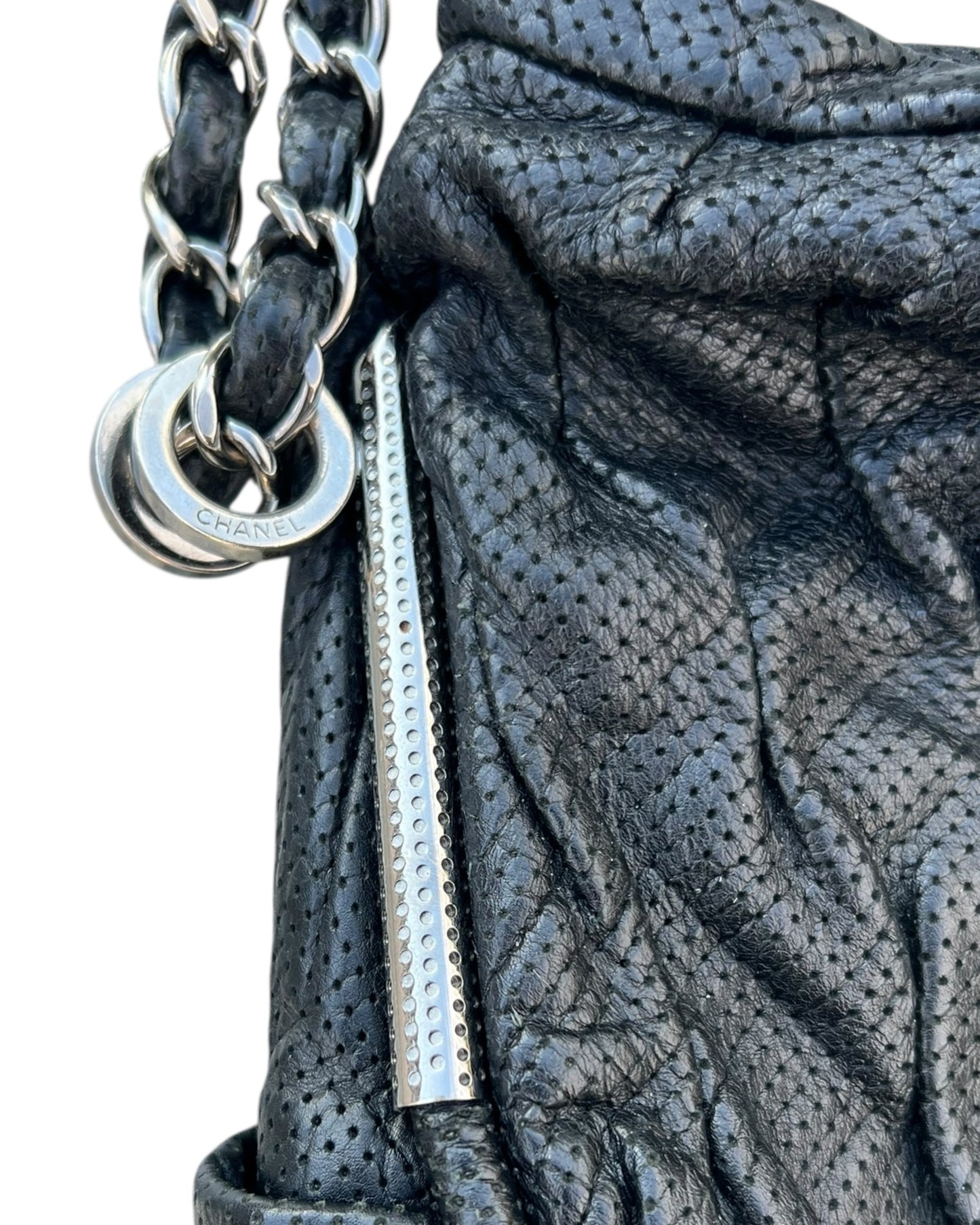 Chanel Black Pleated Leather Tote Bag with Silver Hardware – Excellent Condition