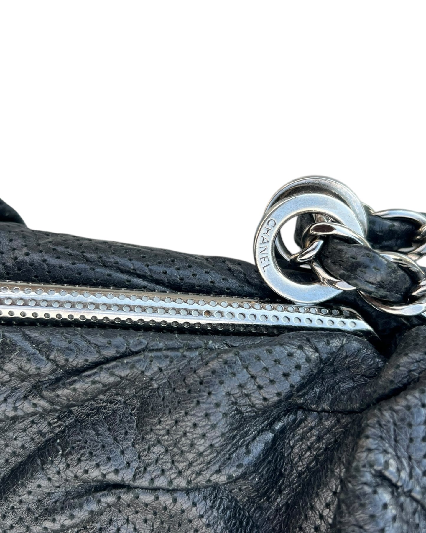Chanel Black Pleated Leather Tote Bag with Silver Hardware – Excellent Condition