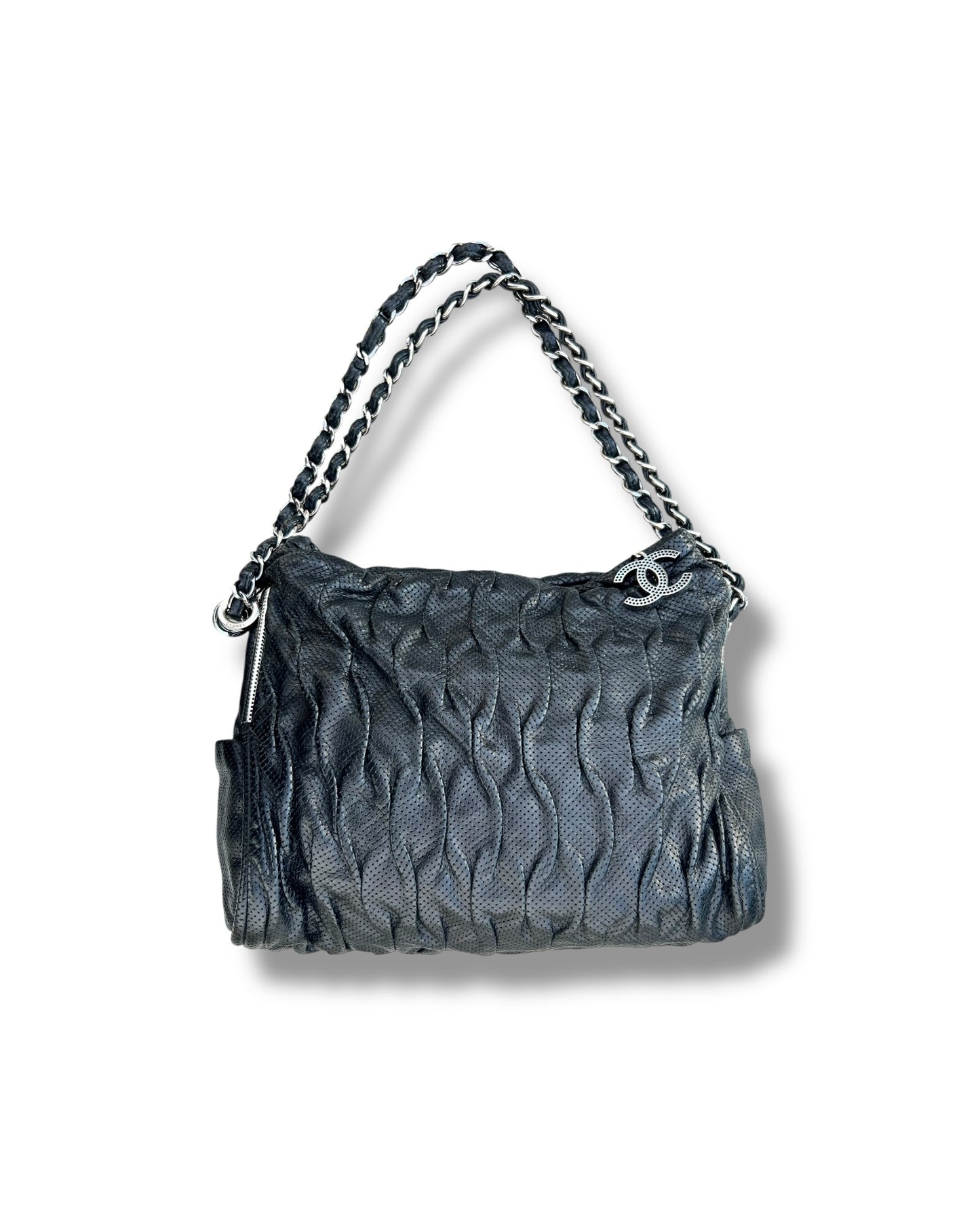 Chanel Black Pleated Leather Tote Bag with Silver Hardware – Excellent Condition