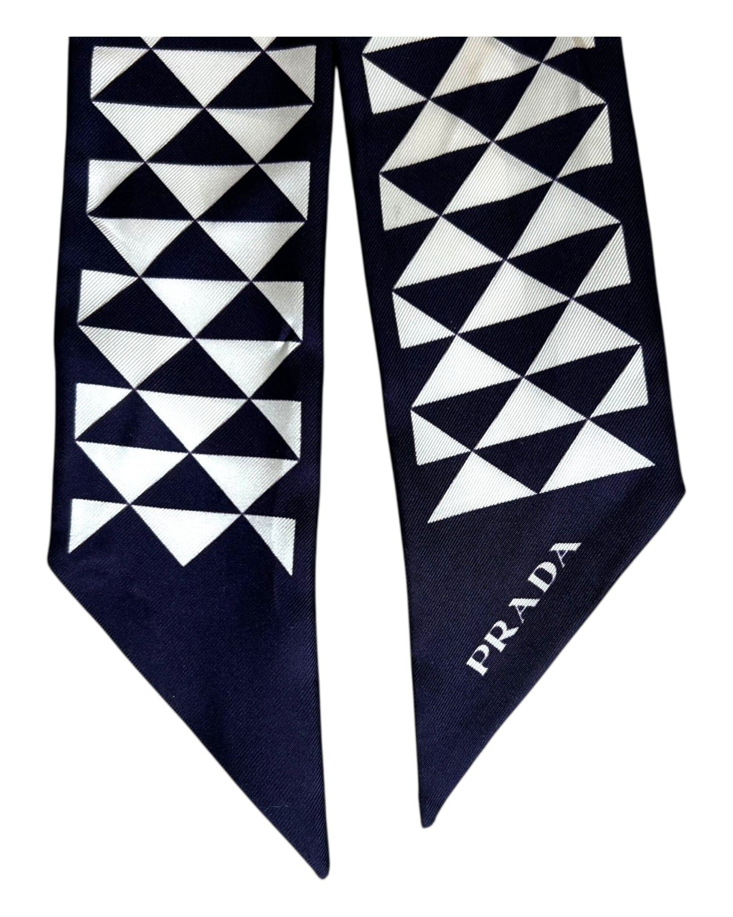 Prada Silk Twill Triangle Logo Scarf – White/Navy