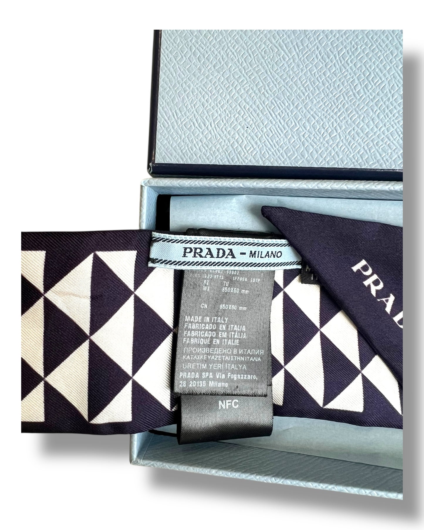 Prada Silk Twill Triangle Logo Scarf – White/Navy