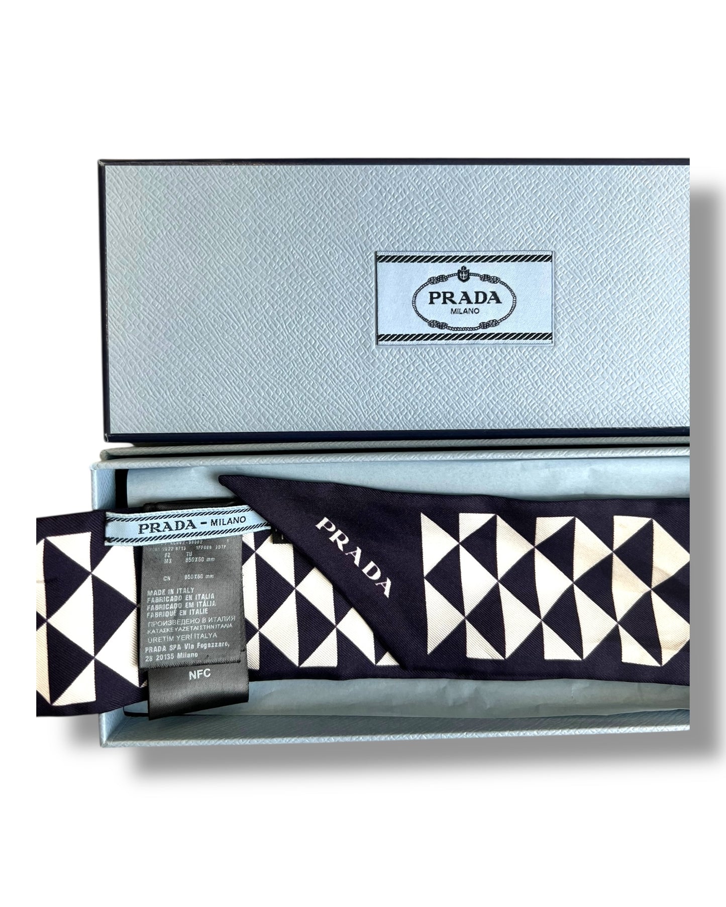 Prada Silk Twill Triangle Logo Scarf – White/Navy