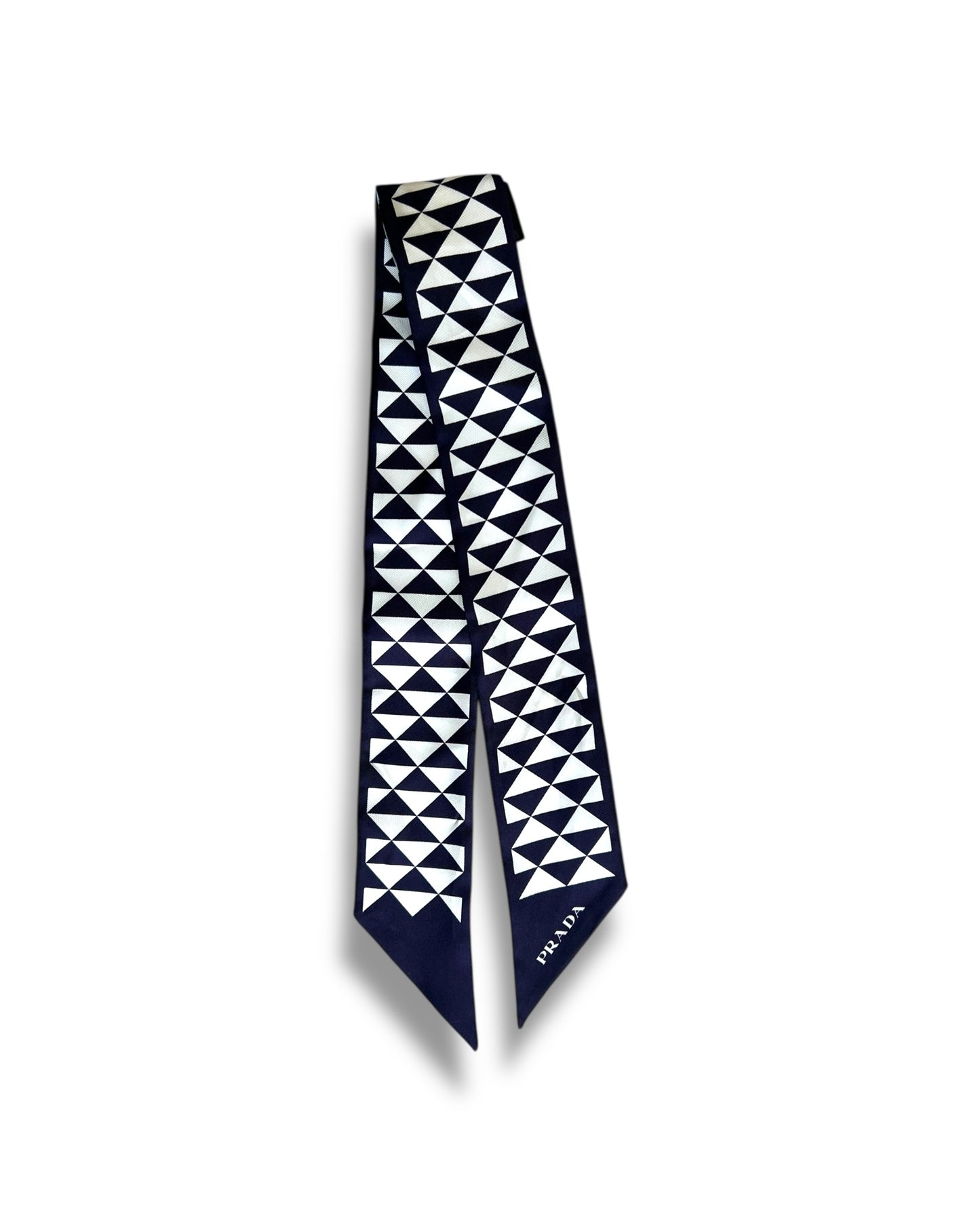 Prada Silk Twill Triangle Logo Scarf – White/Navy
