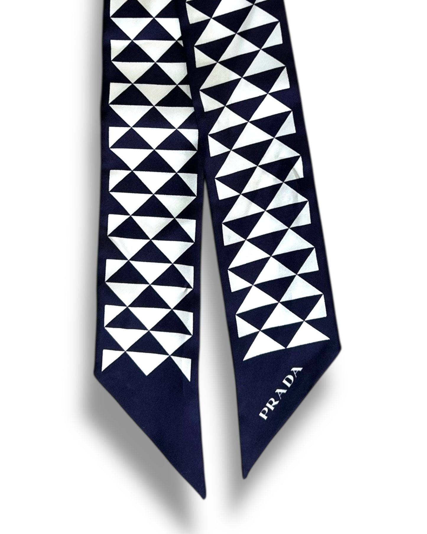 Prada Silk Twill Triangle Logo Scarf – White/Navy