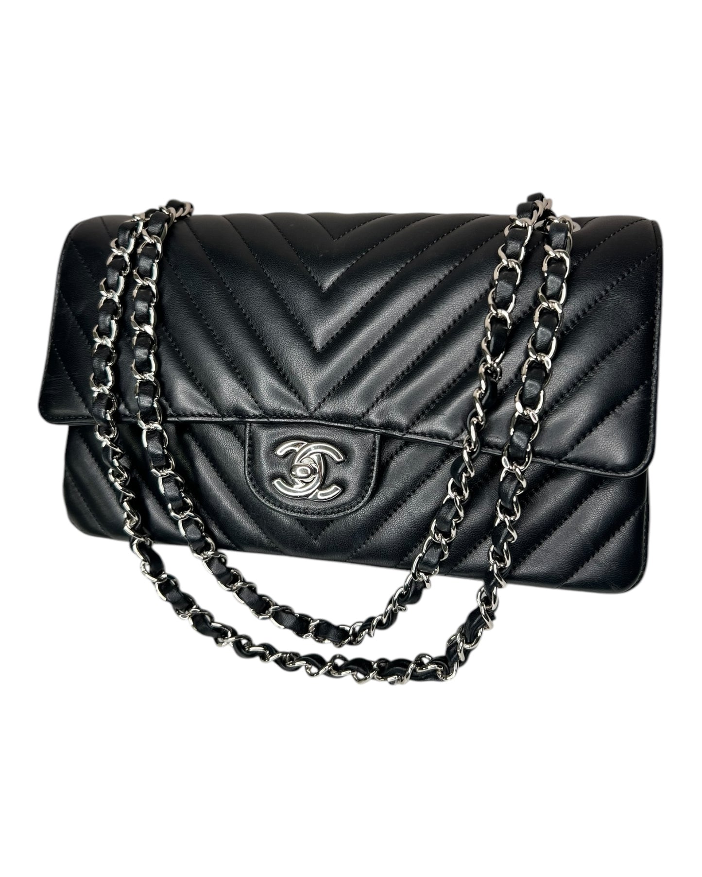 Chanel Chevron Flap Bag Medium - Black with Silver - The Luxury Savvy
