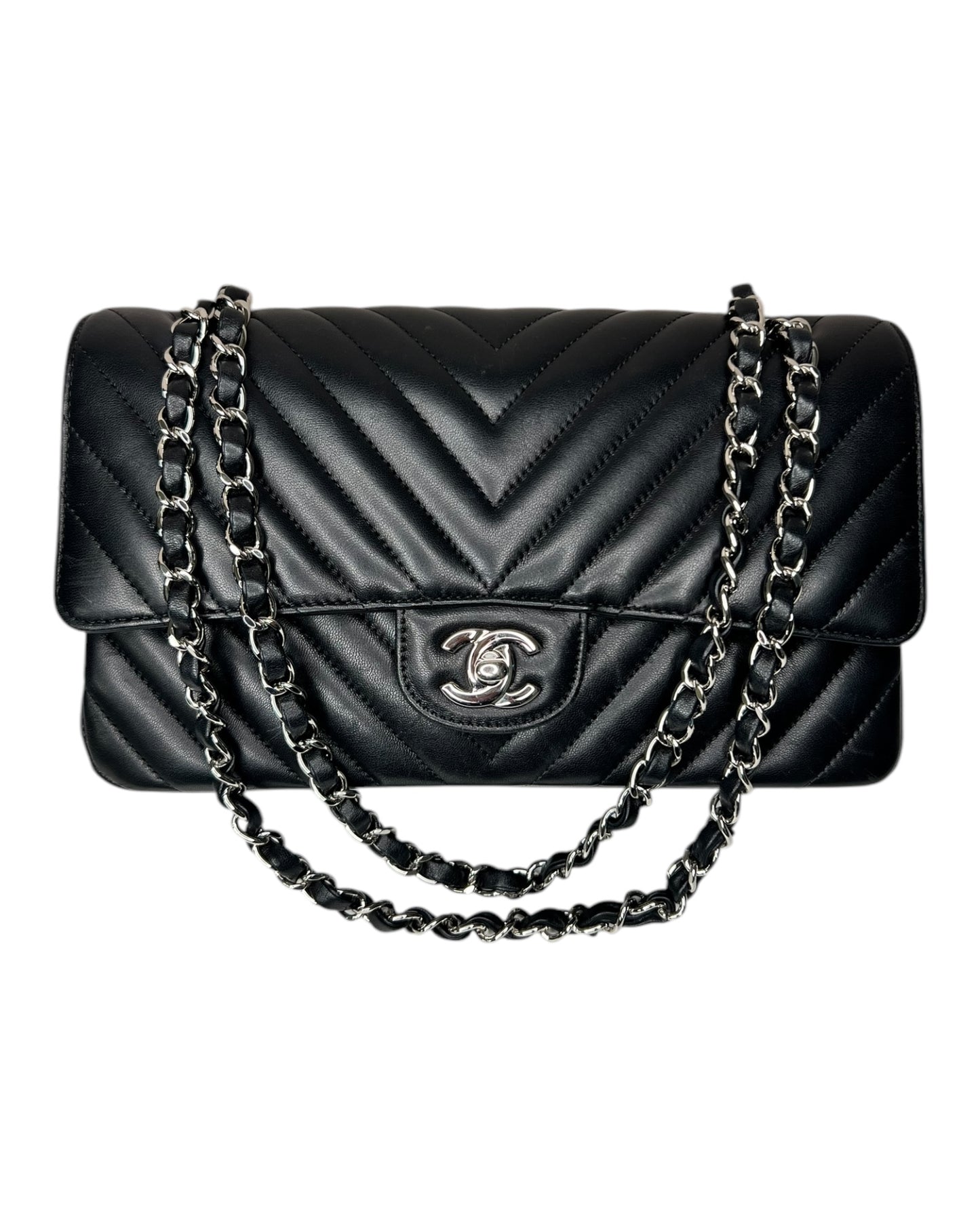 Chanel Chevron Flap Bag Medium - Black with Silver - The Luxury Savvy
