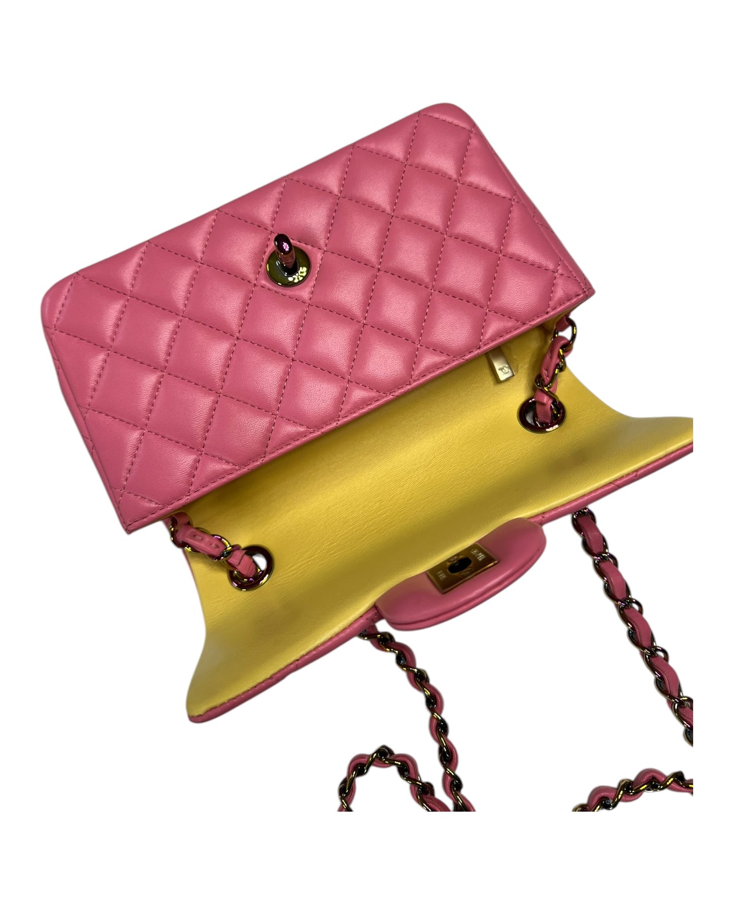 Rare Chanel Seasonal 21P Mini Flap Bag Pink - Yellow - Iridescent Hardware - The Luxury Savvy