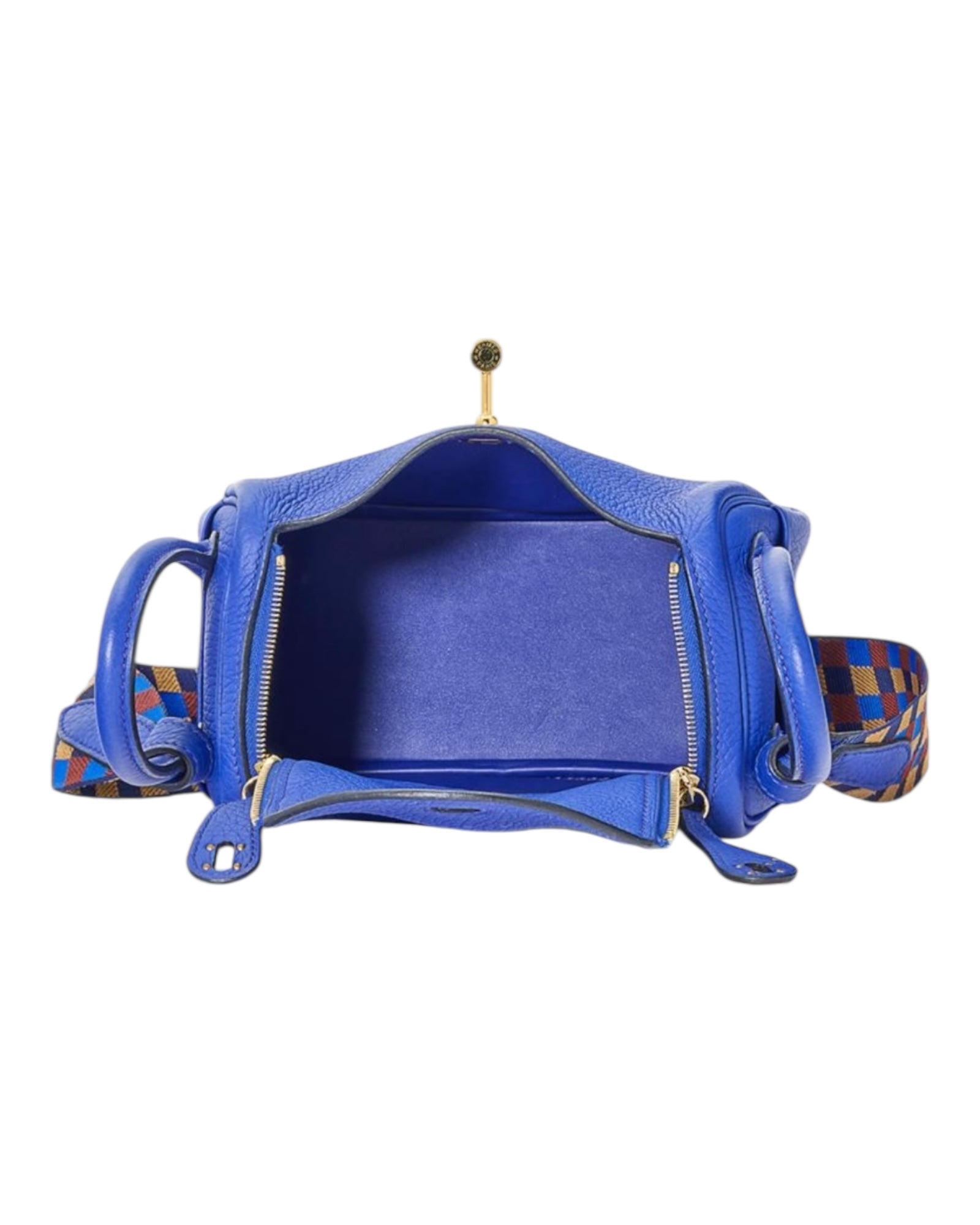 Hermès Lindy Mini 19 – Bleu Royal Clemence with Maxi Quadrille Strap (2022 Limited Edition) | Excellent Condition - The Luxury Savvy