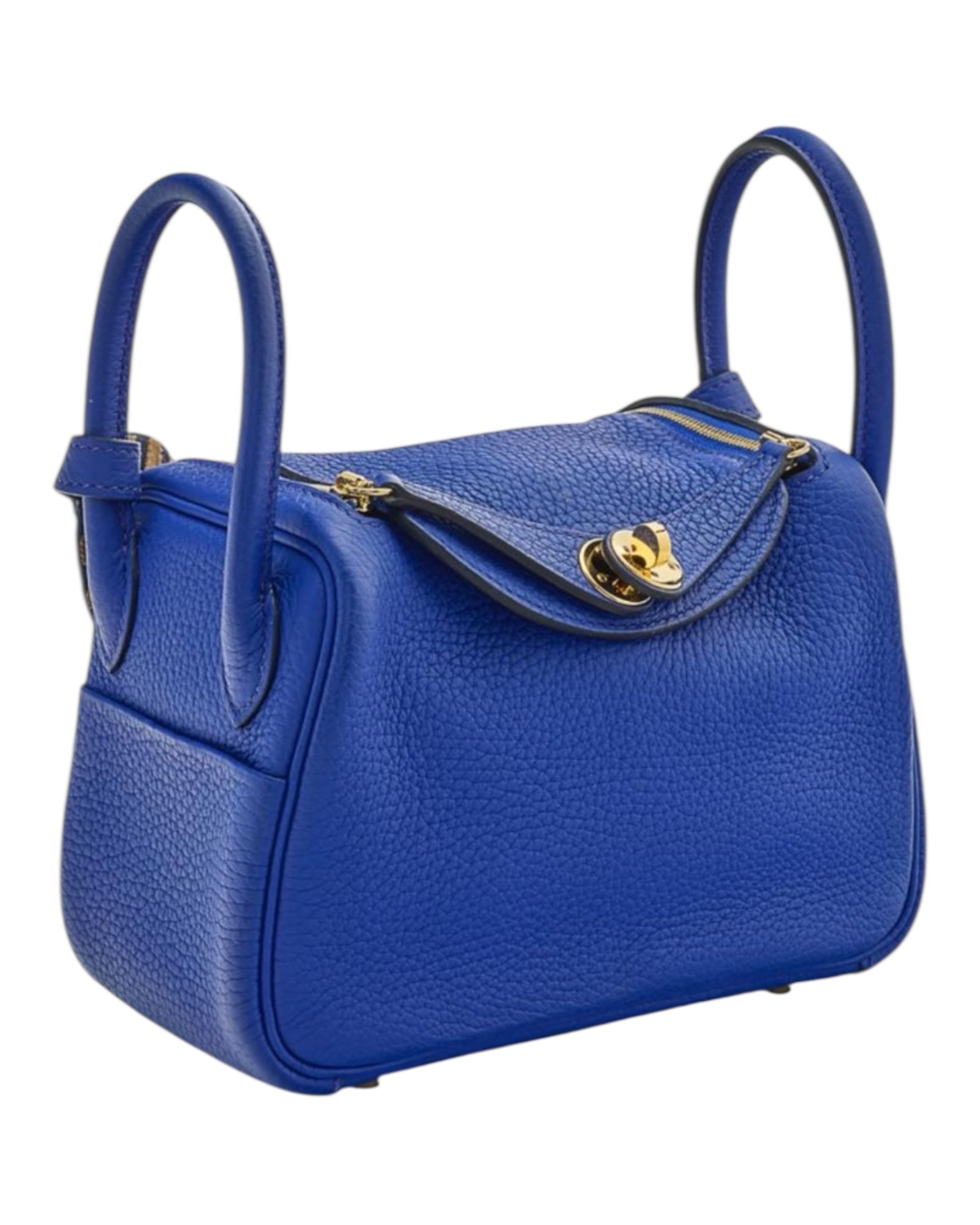 Hermès Lindy Mini 19 – Bleu Royal Clemence with Maxi Quadrille Strap (2022 Limited Edition) | Excellent Condition - The Luxury Savvy