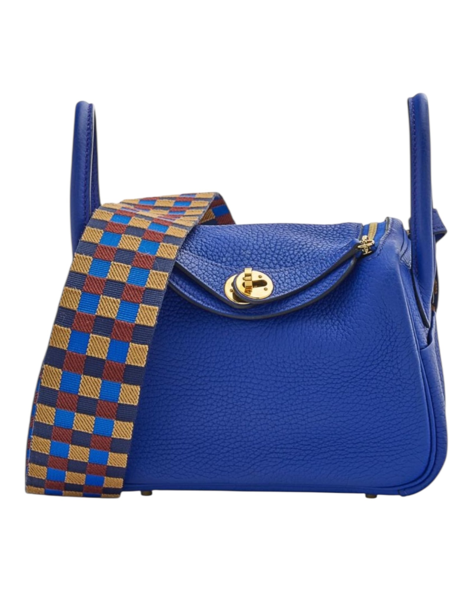 Hermès Lindy Mini 19 – Bleu Royal Clemence with Maxi Quadrille Strap (2022 Limited Edition) | Excellent Condition - The Luxury Savvy
