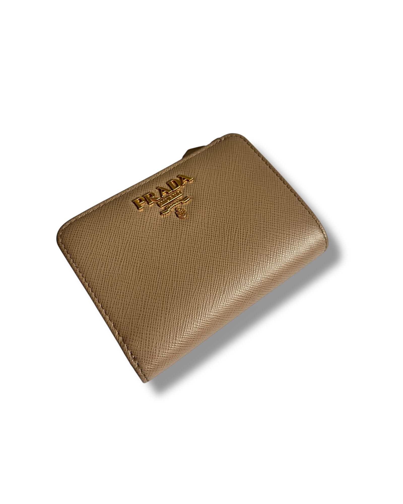 Prada Saffiano Leather Compact Wallet – Beige & Red - The Luxury Savvy