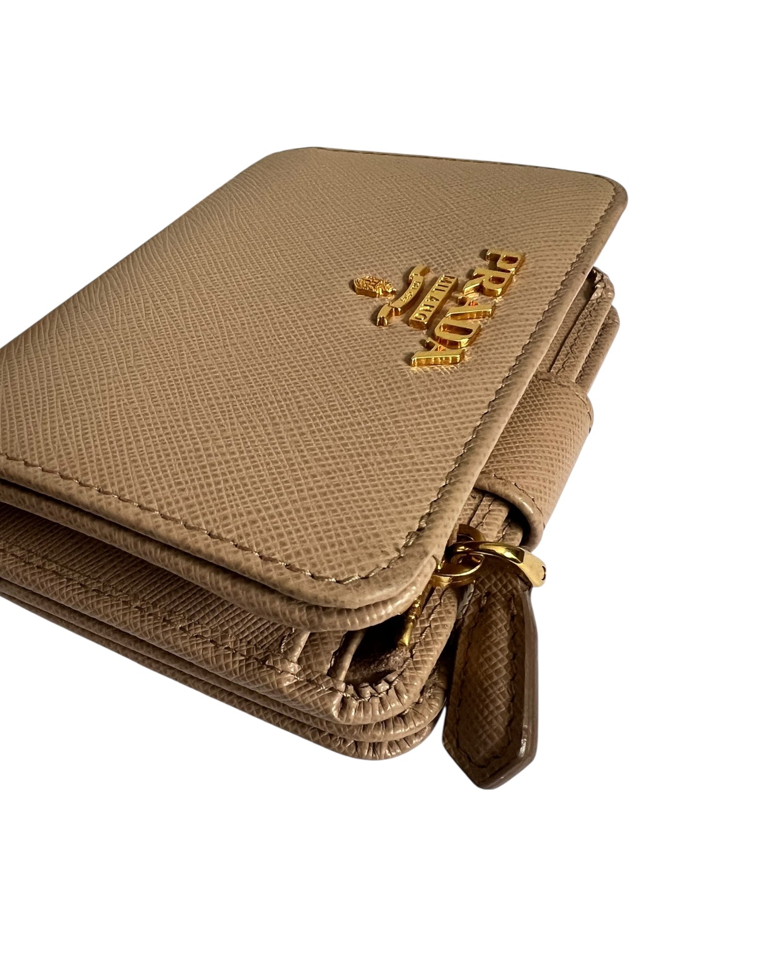 Prada Saffiano Leather Compact Wallet – Beige & Red - The Luxury Savvy