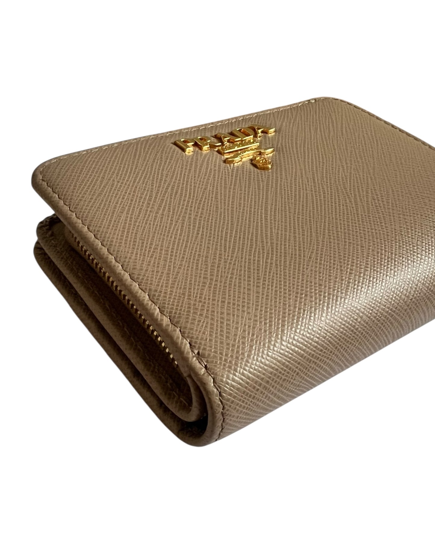 Prada Saffiano Leather Compact Wallet – Beige & Red - The Luxury Savvy