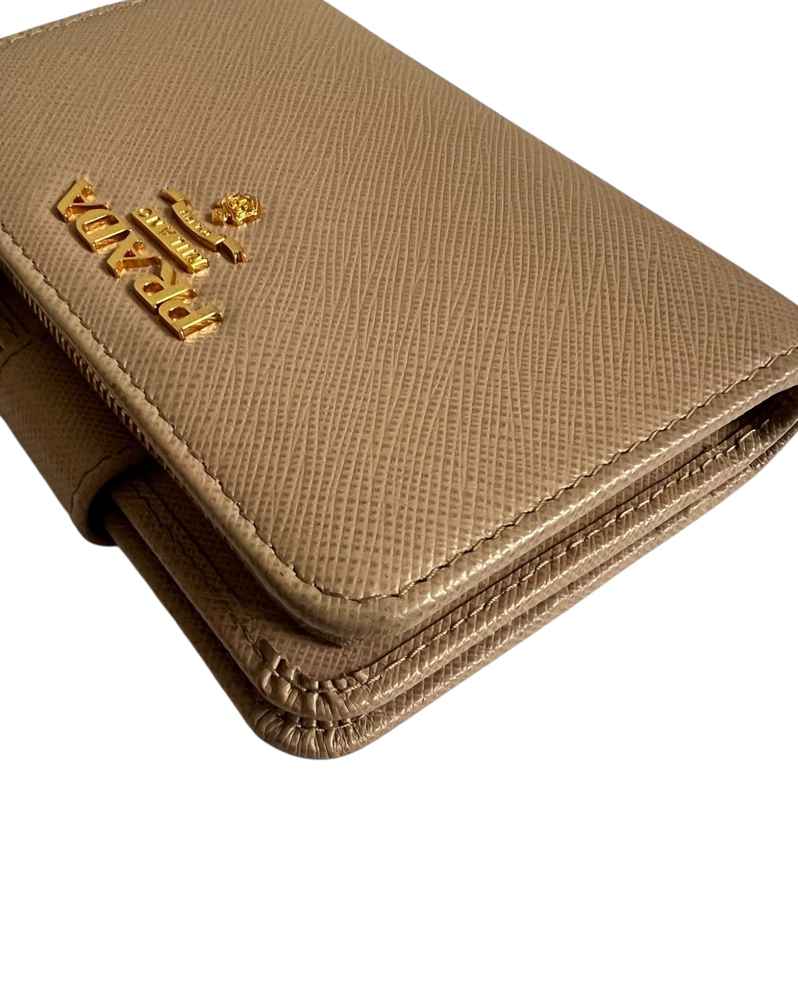 Prada Saffiano Leather Compact Wallet – Beige & Red - The Luxury Savvy
