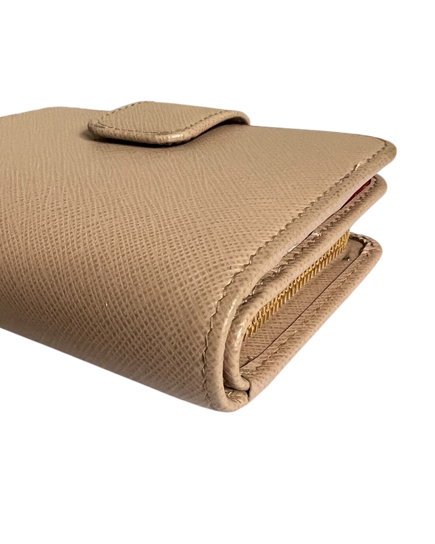 Prada Saffiano Leather Compact Wallet – Beige & Red - The Luxury Savvy