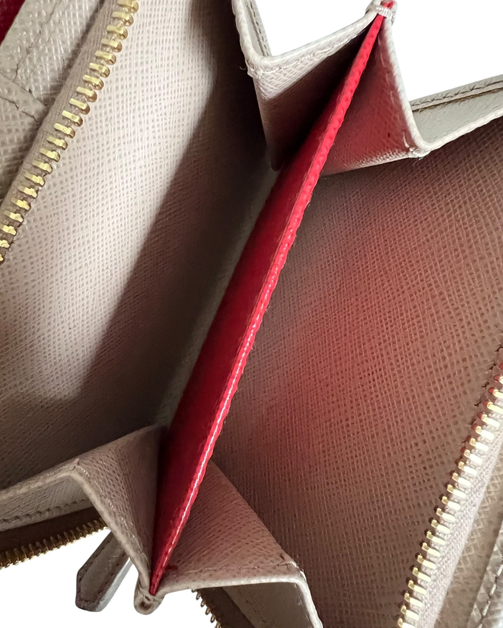 Prada Saffiano Leather Compact Wallet – Beige & Red - The Luxury Savvy