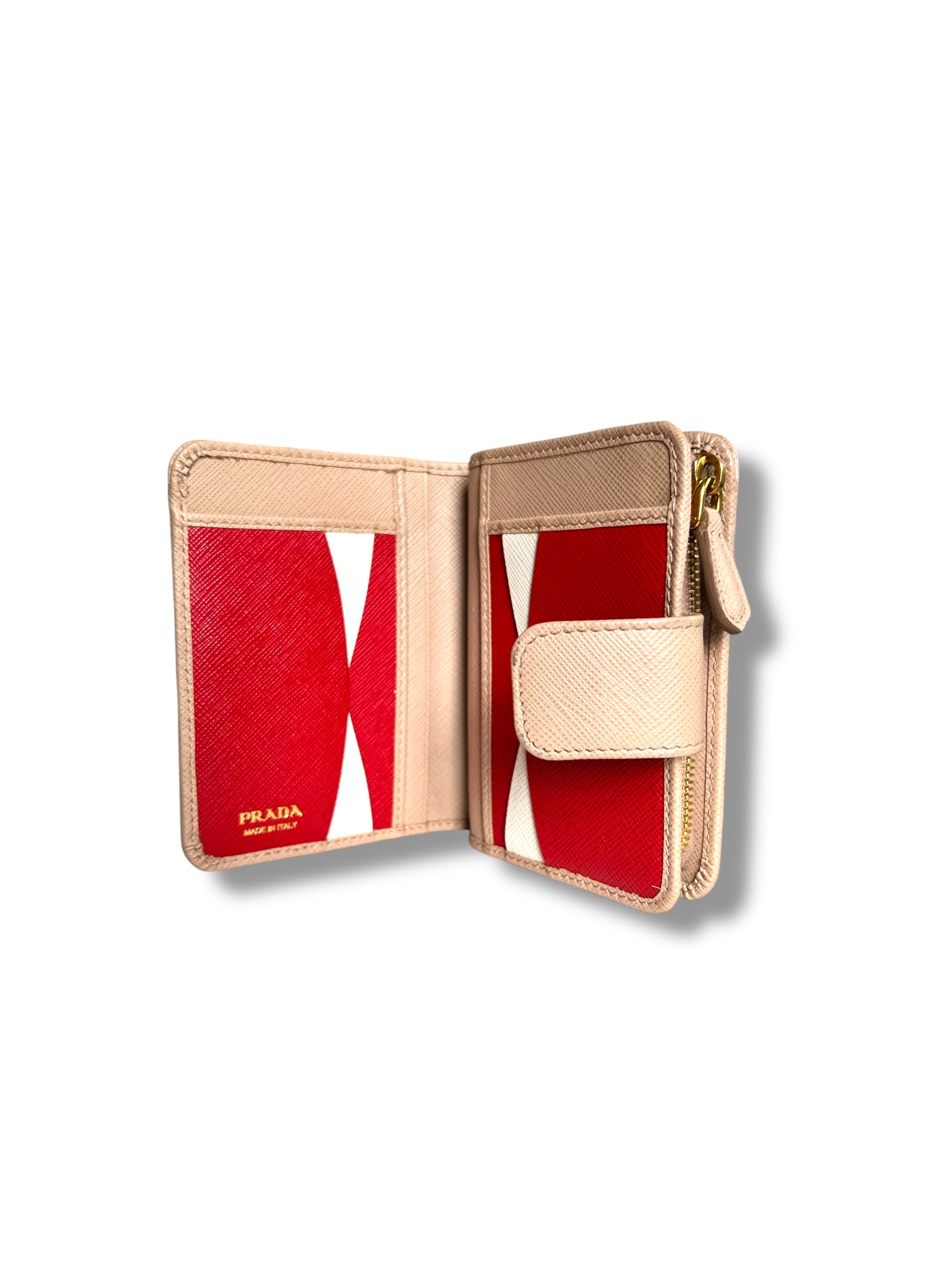 Prada Saffiano Leather Compact Wallet – Beige & Red - The Luxury Savvy