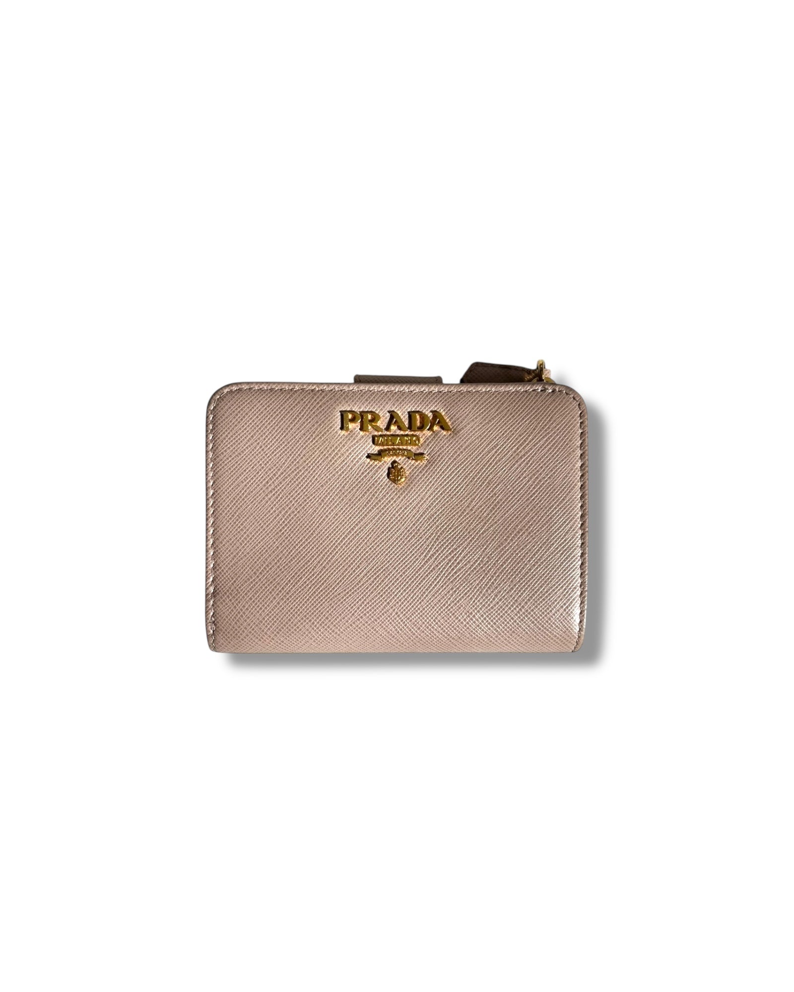 Prada Saffiano Leather Compact Wallet – Beige & Red - The Luxury Savvy