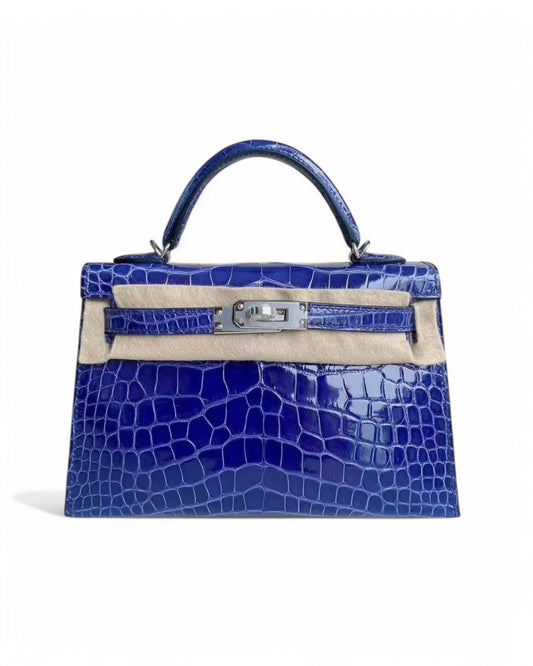 Pre-owned Hermès Mini Kelly 20CM – Bleu Encre Shiny Alligator with Palladium Hardware - The Luxury Savvy