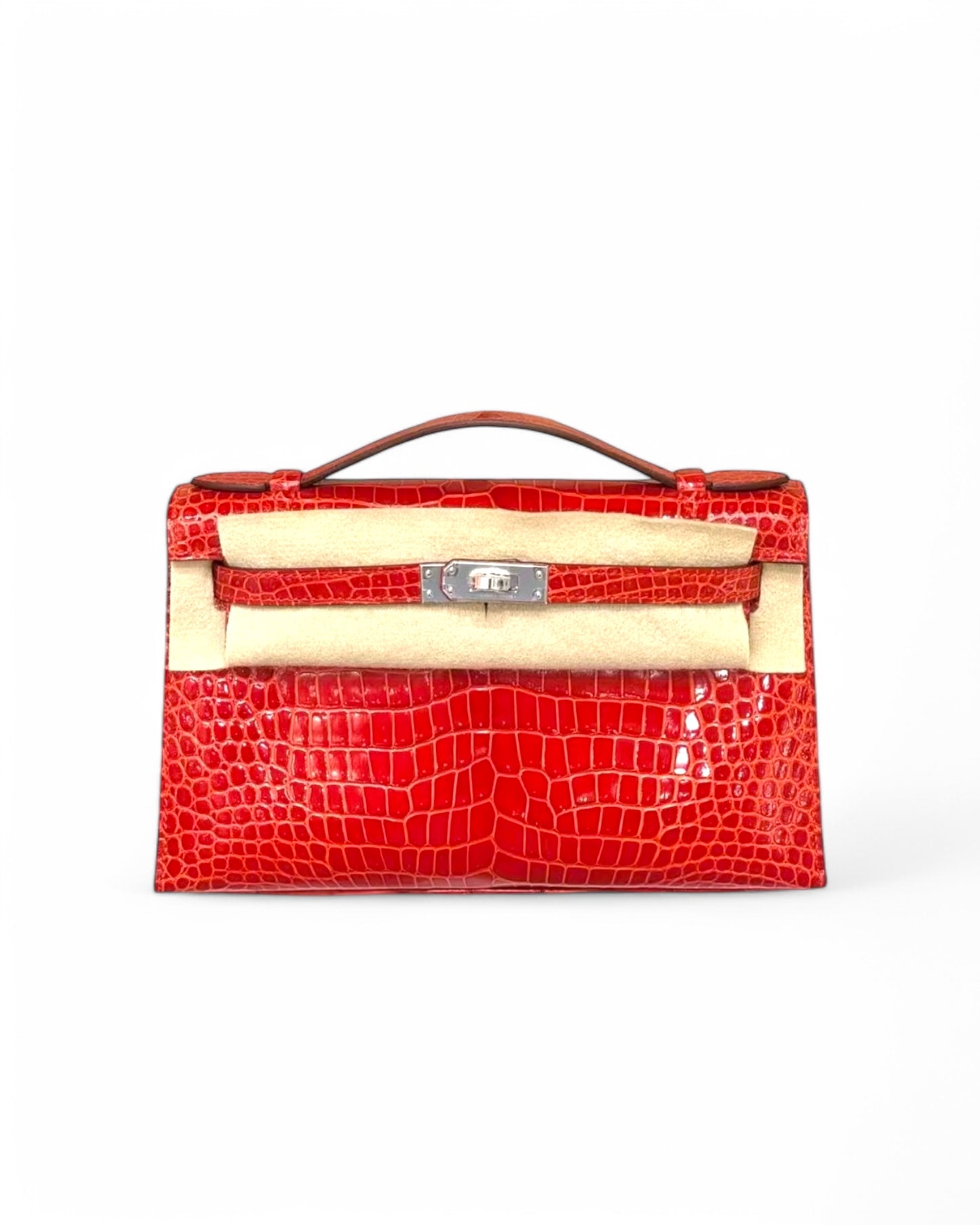 Pre-owned Hermès Kelly Pochette – Sanguine Porosus Crocodile - Palladium Hardware - The Luxury Savvy