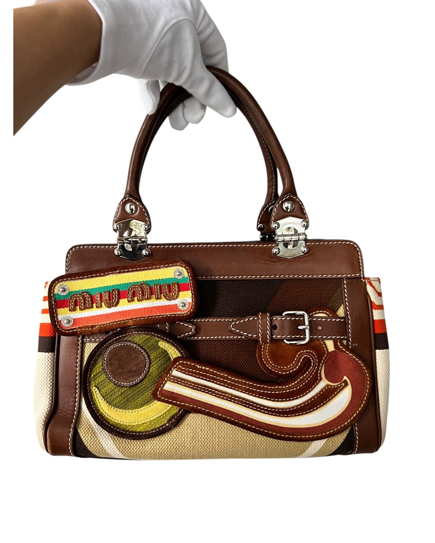 Miu Miu Multicolor Canvas and Leather Patchwork Tote – Very Good Condition