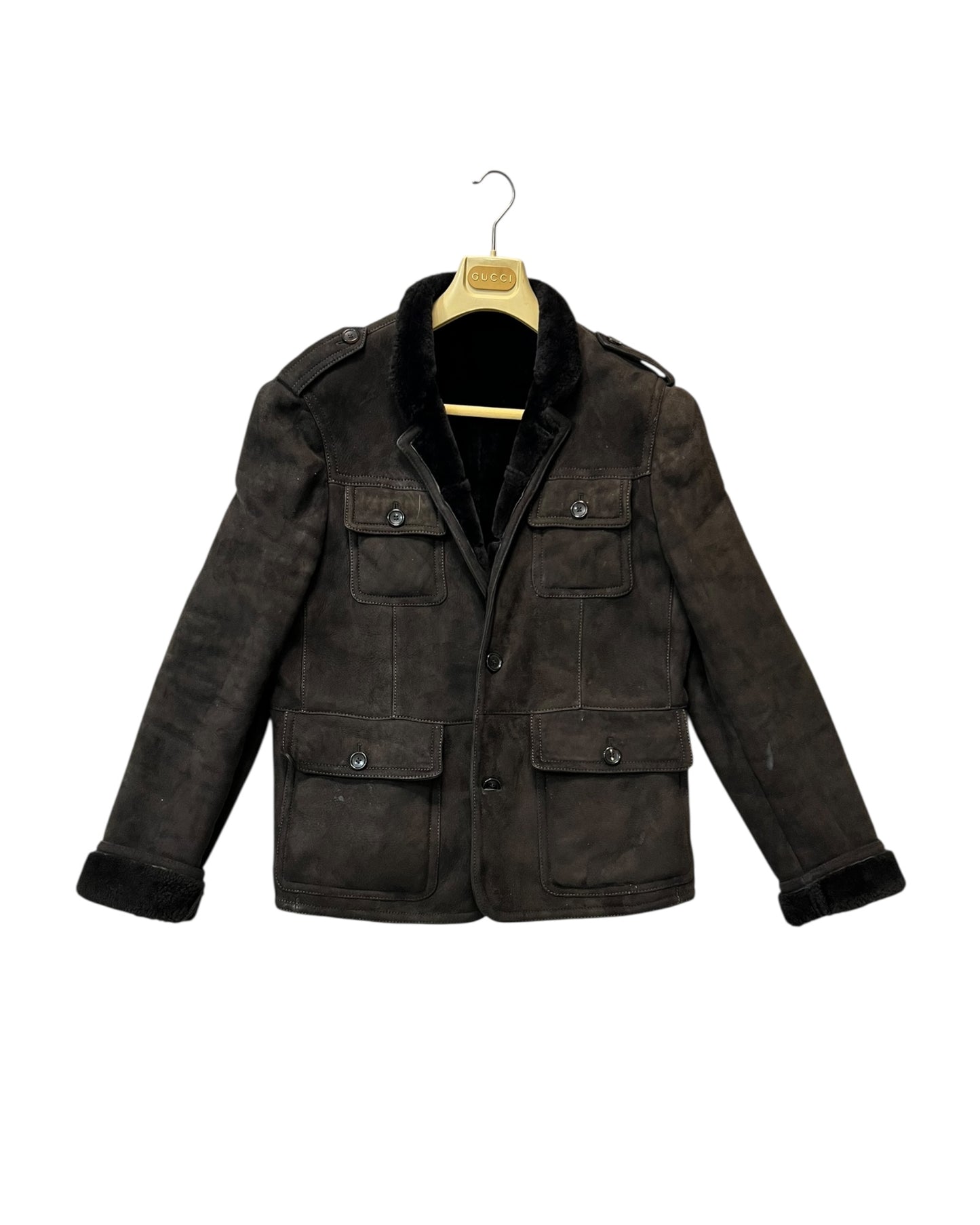 Gucci Men’s Shearling-Lined Suede Jacket – Brown (Size 52, Made in Italy)