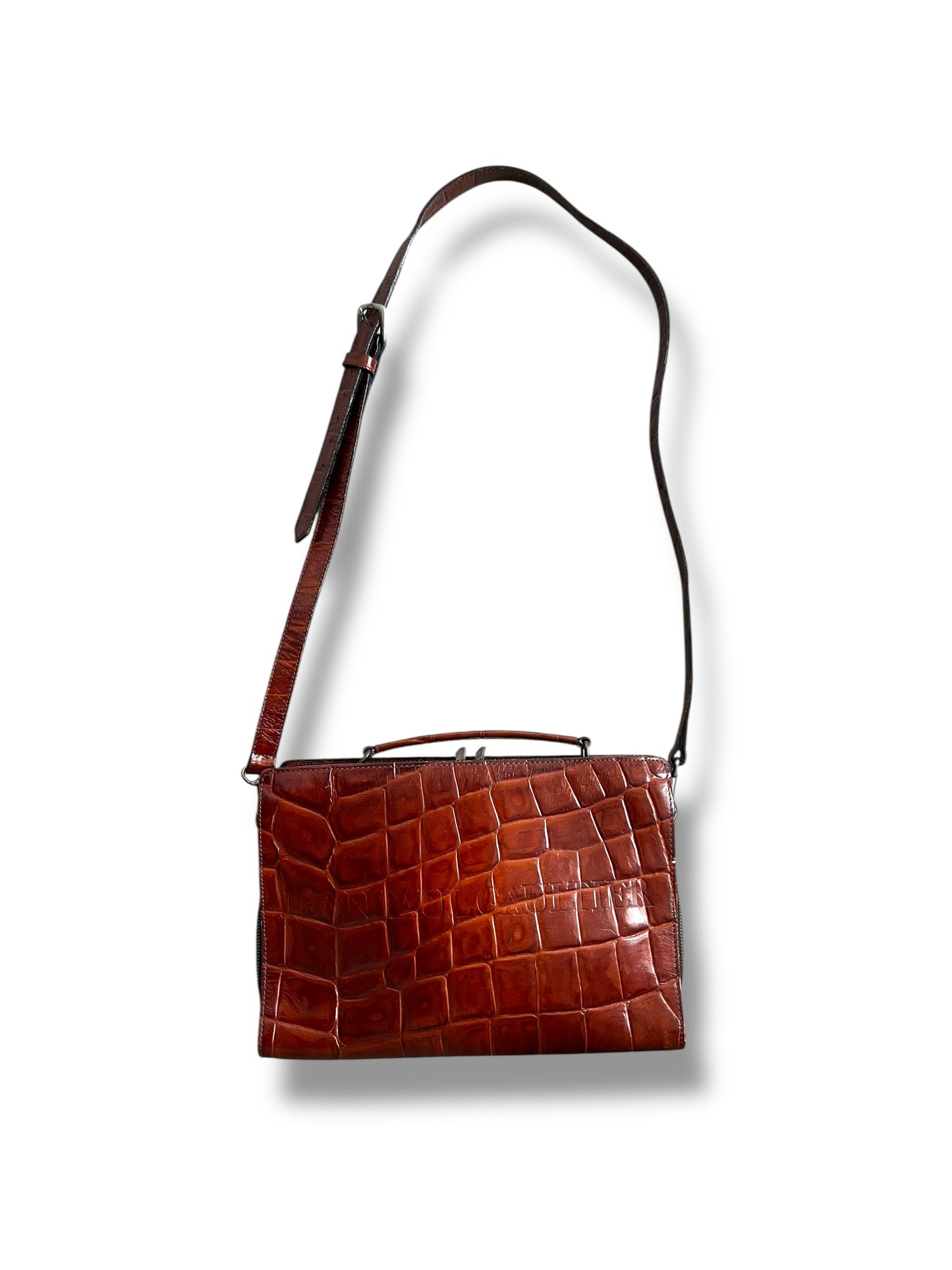 Vintage Croc-Embossed Structured Bag – Tan Colour
