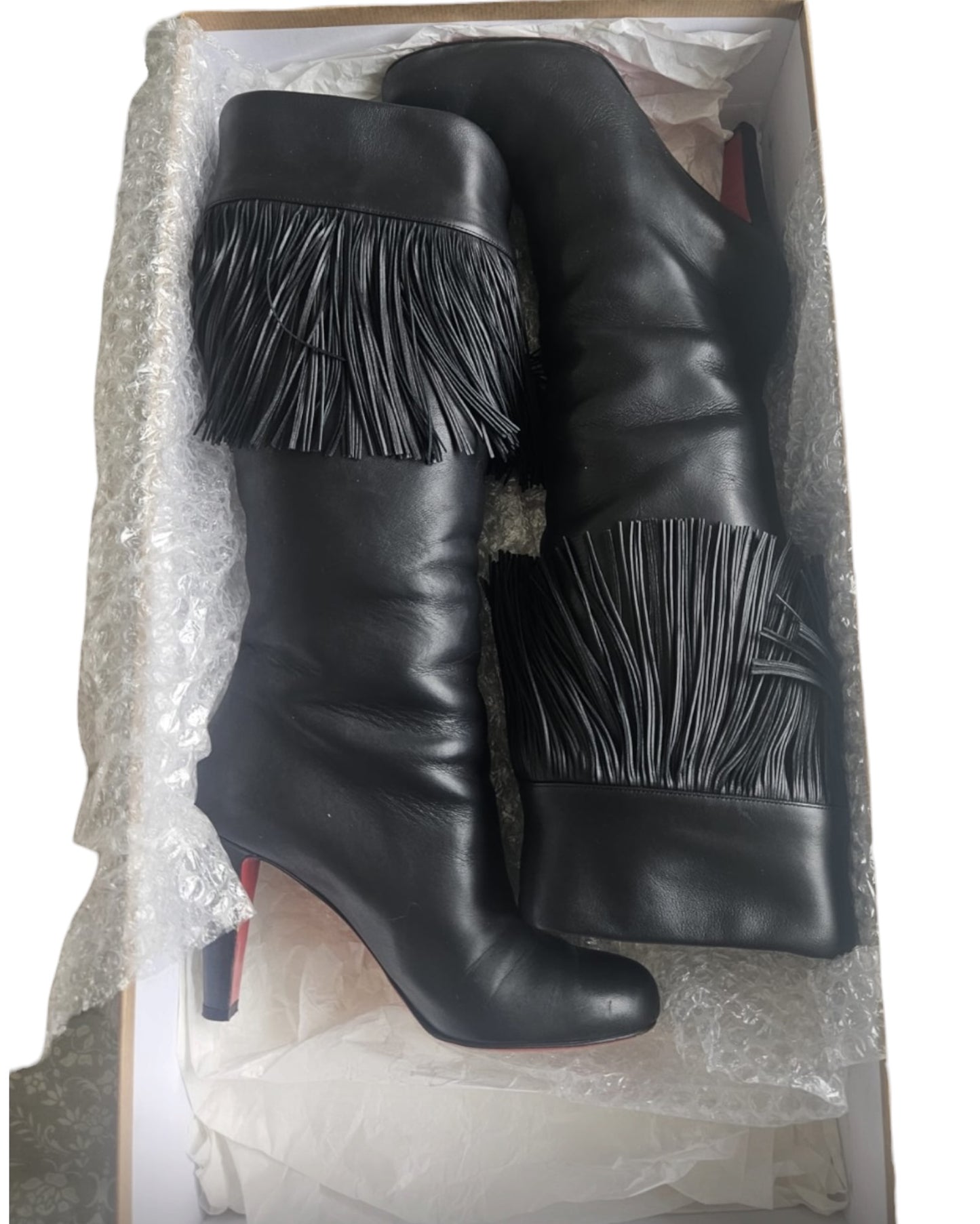 Christian Louboutin Black Leather Fringe Knee-High Boots