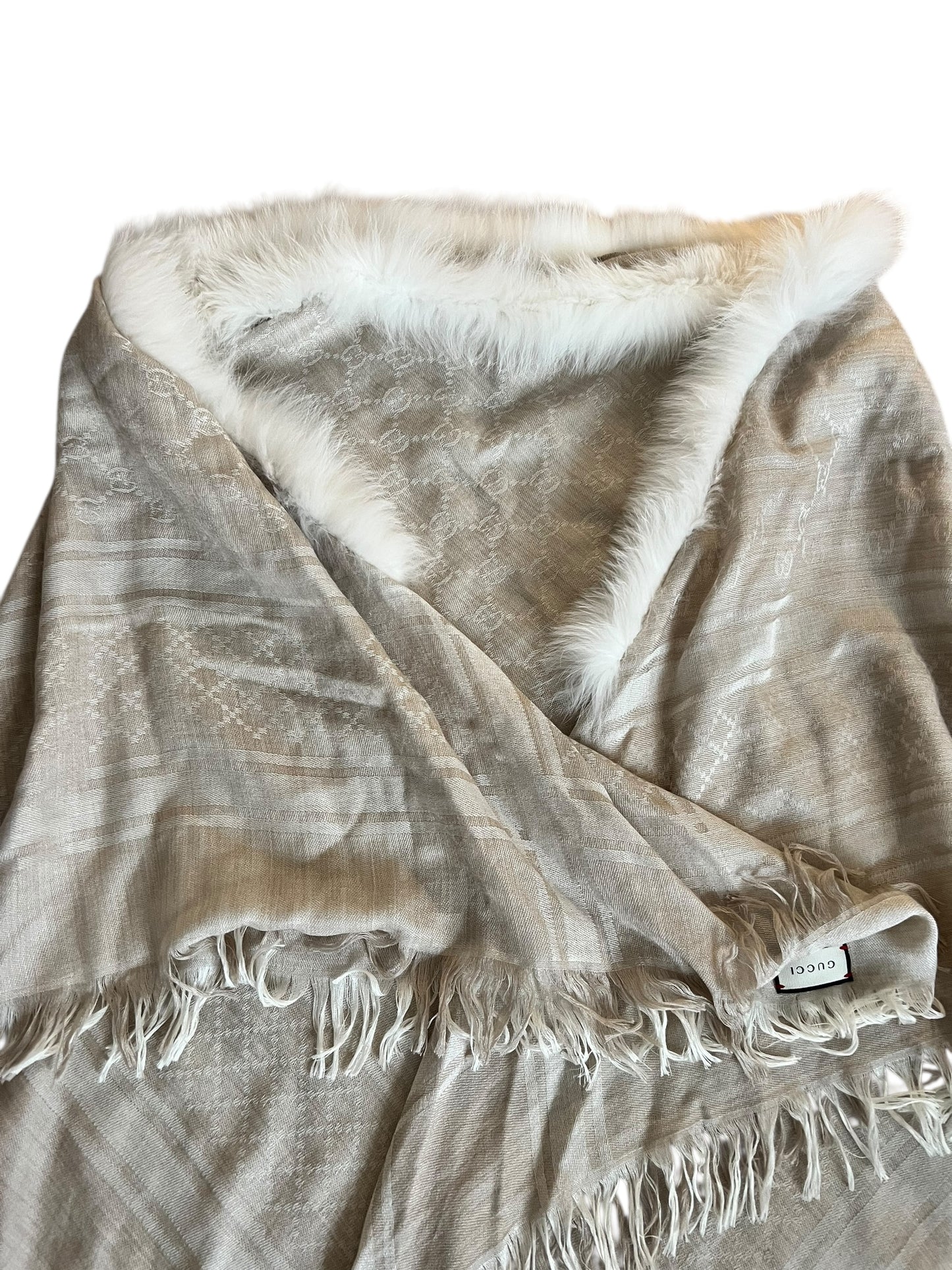 Gucci Cream Wool-Silk Fox Fur Trim Shawl Scarf