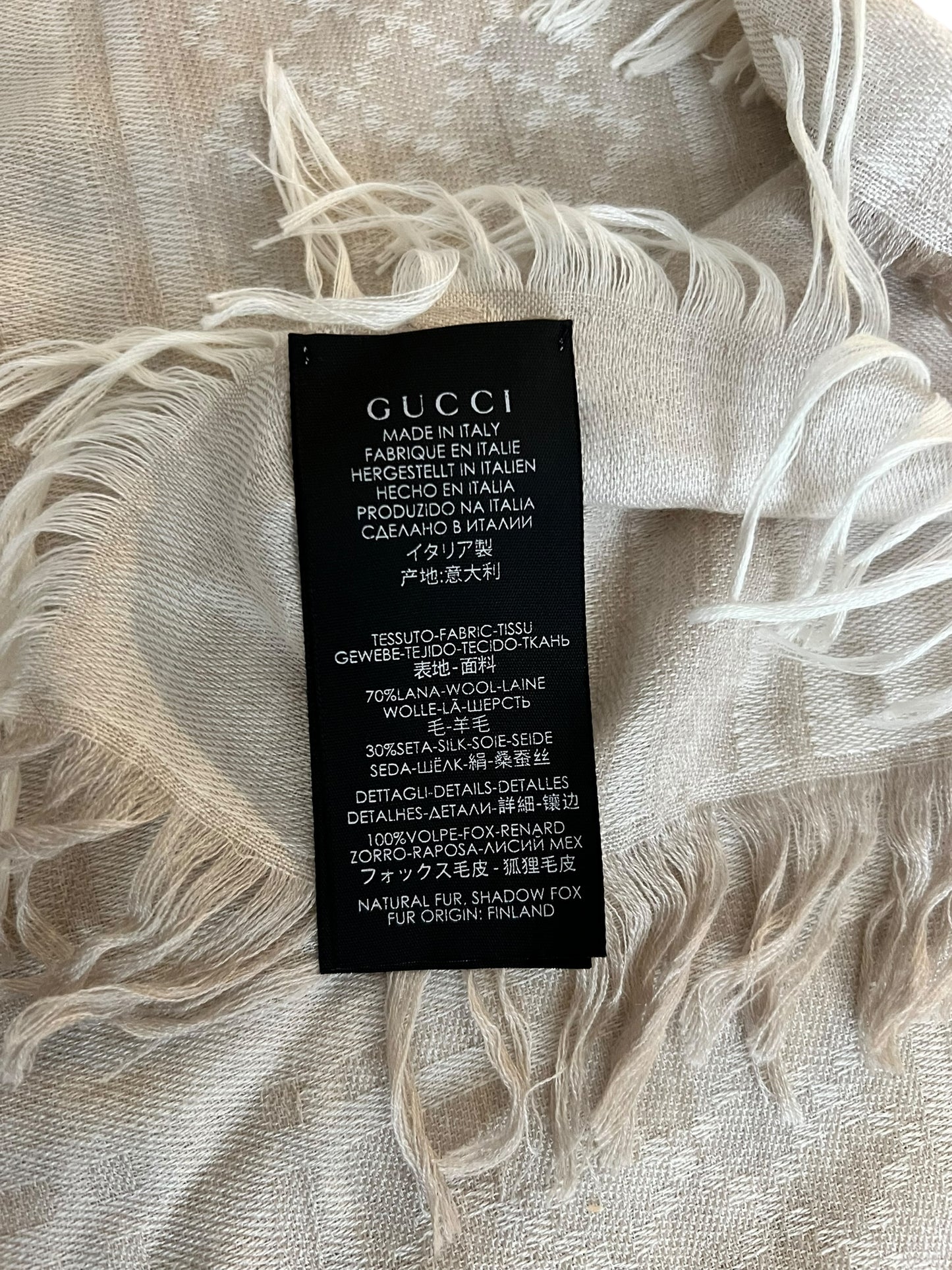 Gucci Cream Wool-Silk Fox Fur Trim Shawl Scarf