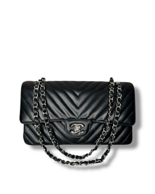 Chanel Chevron Flap Bag Medium -  Black with Silver - The Luxury Savvy