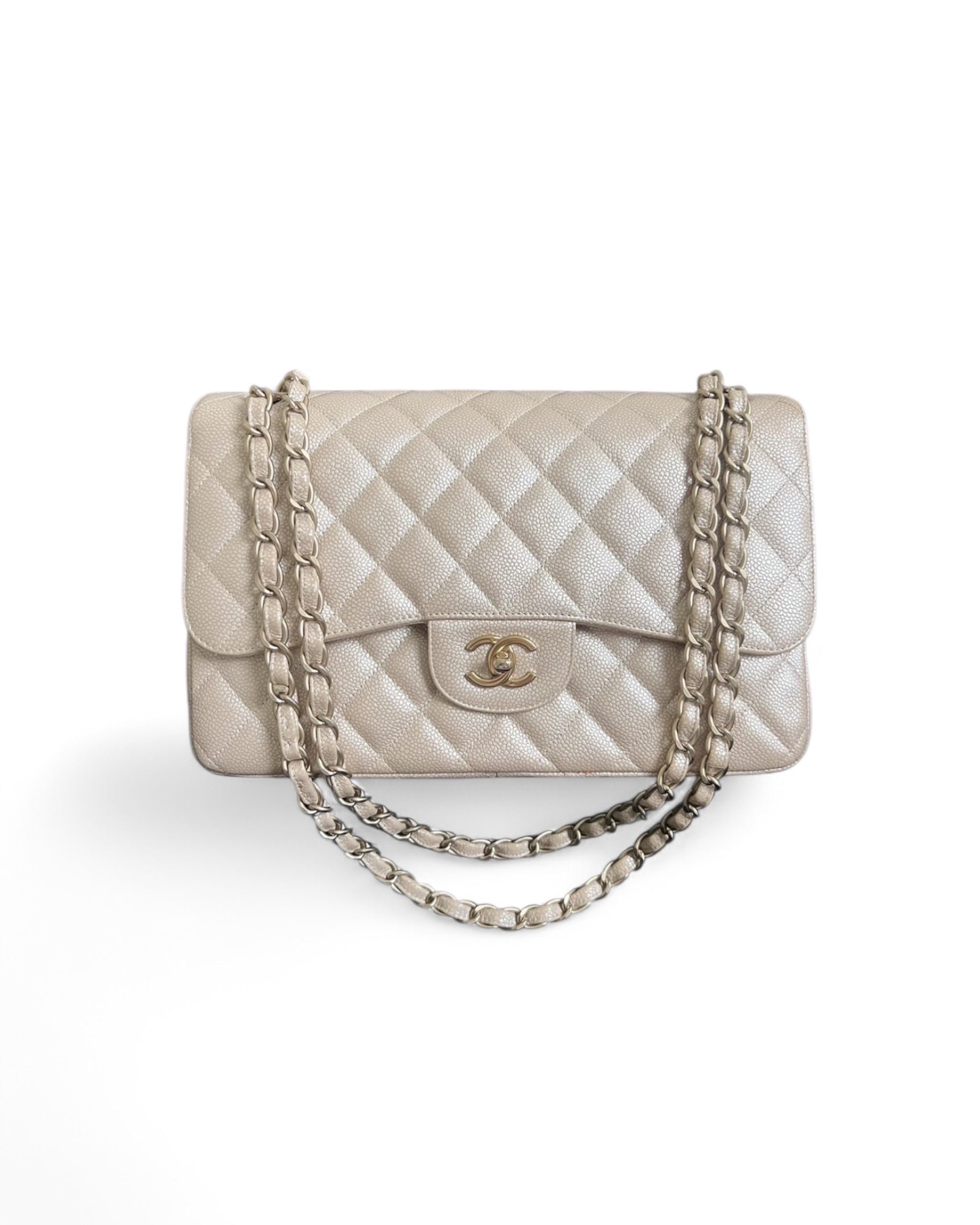 Pre-owned Chanel Pearly Beige Jumbo Double Flap Bag – Brushed Gold Hardware – Series 16 - The Luxury Savvy