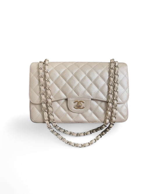 Pre-owned Chanel Pearly Beige Jumbo Double Flap Bag – Brushed Gold Hardware – Series 16 - The Luxury Savvy