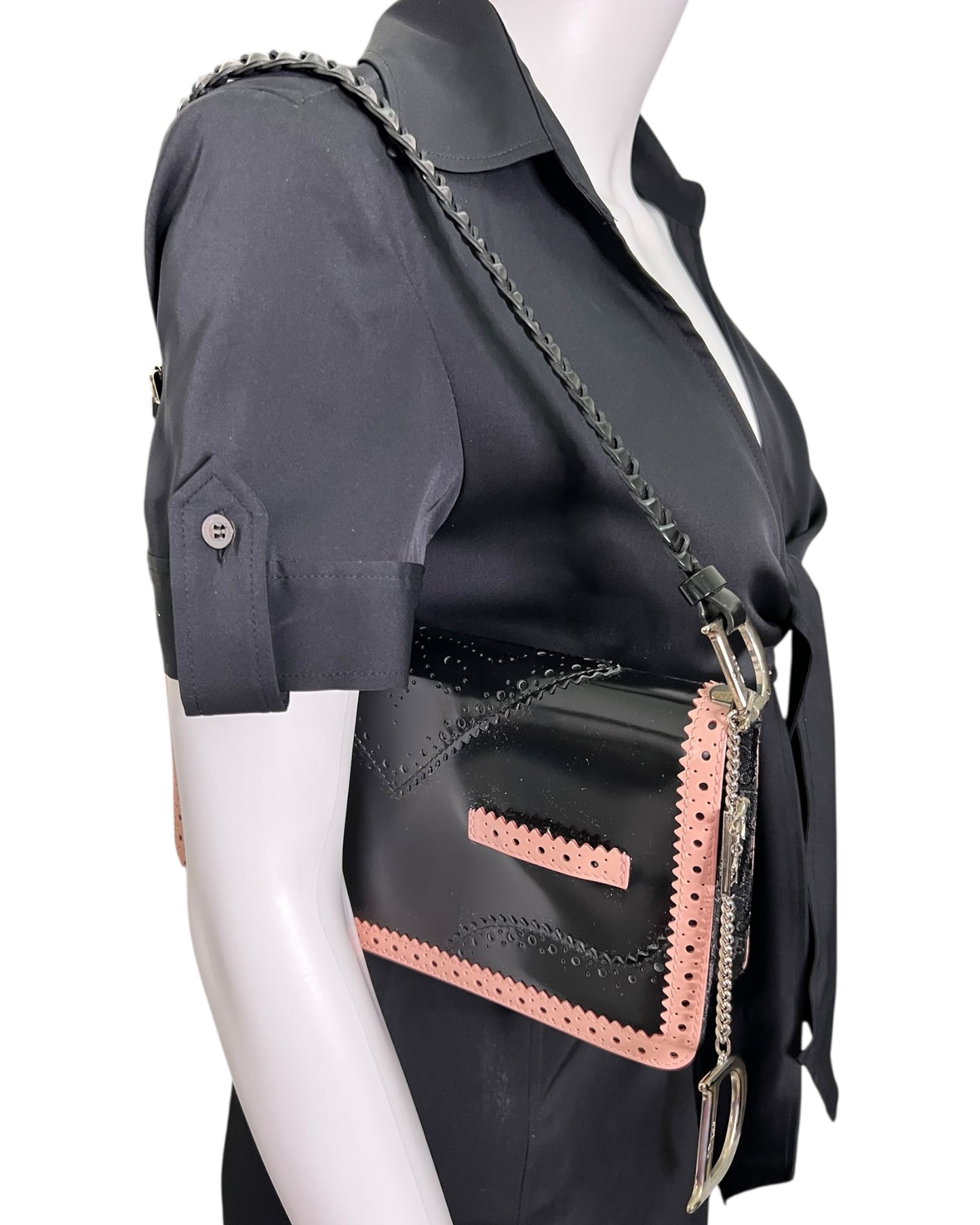 Christian Dior Vintage Leather Shoulder Bag Black with Pink Trim