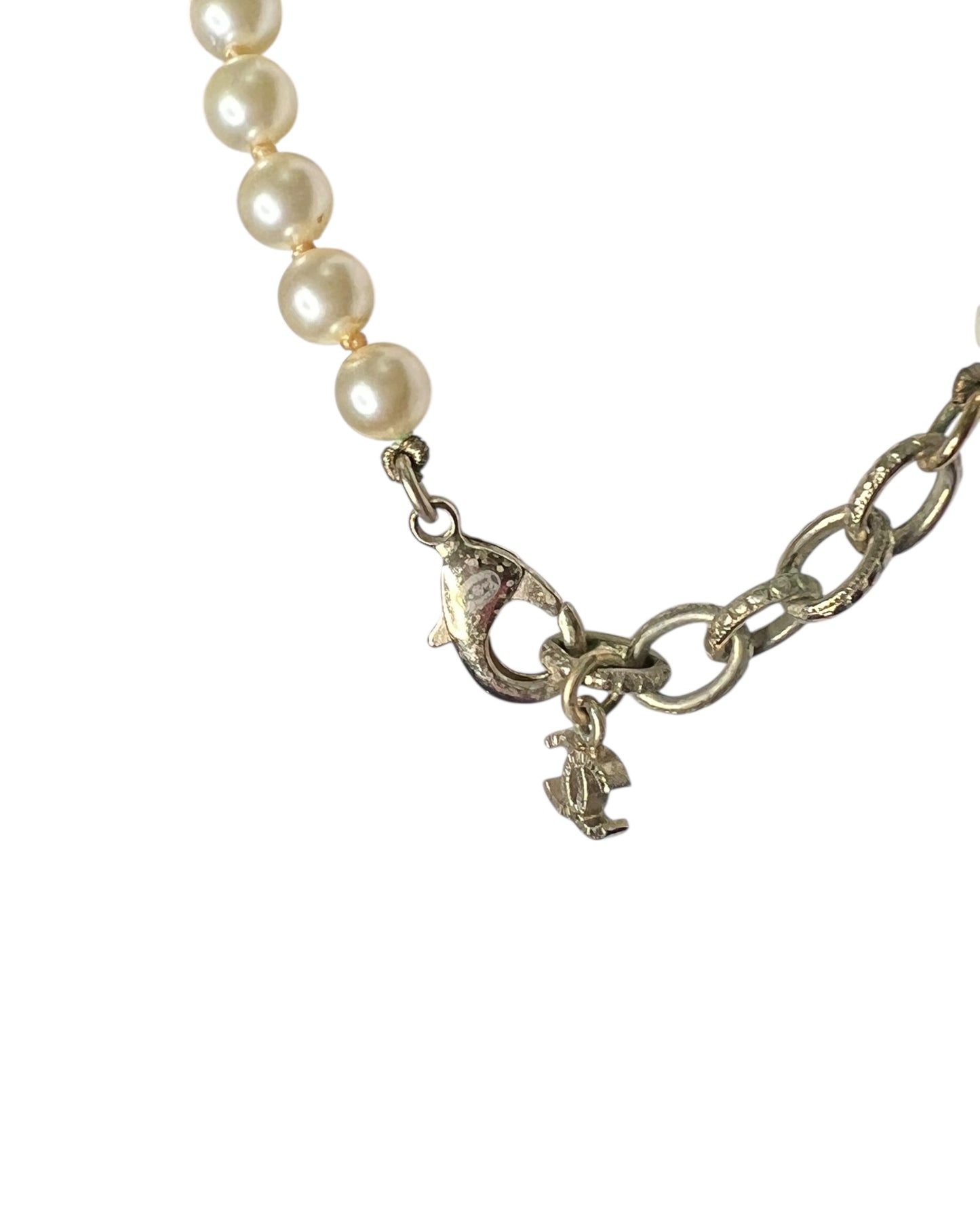 Chanel Faux Pearl Long Necklace Gold Tone CC Logo Double Strand