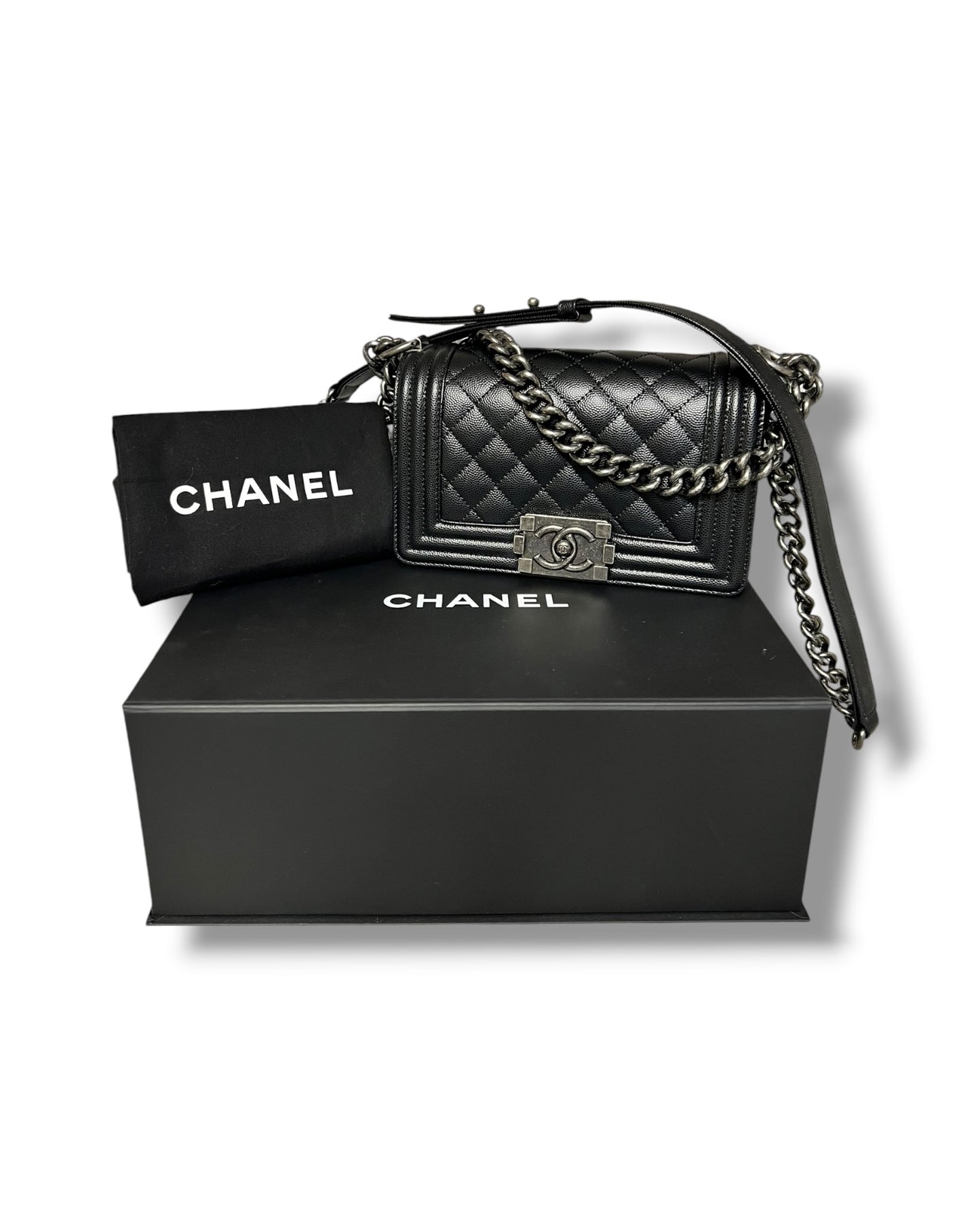 Chanel Boy Small Flap Bag in Black Caviar Leather with Ruthenium Hardware