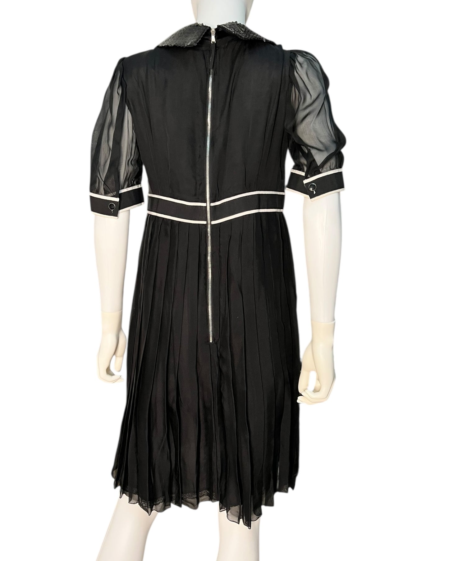 Dolce & Gabbana Black Pleated Silk Blend Dress with Sequin Collar Size IT 44