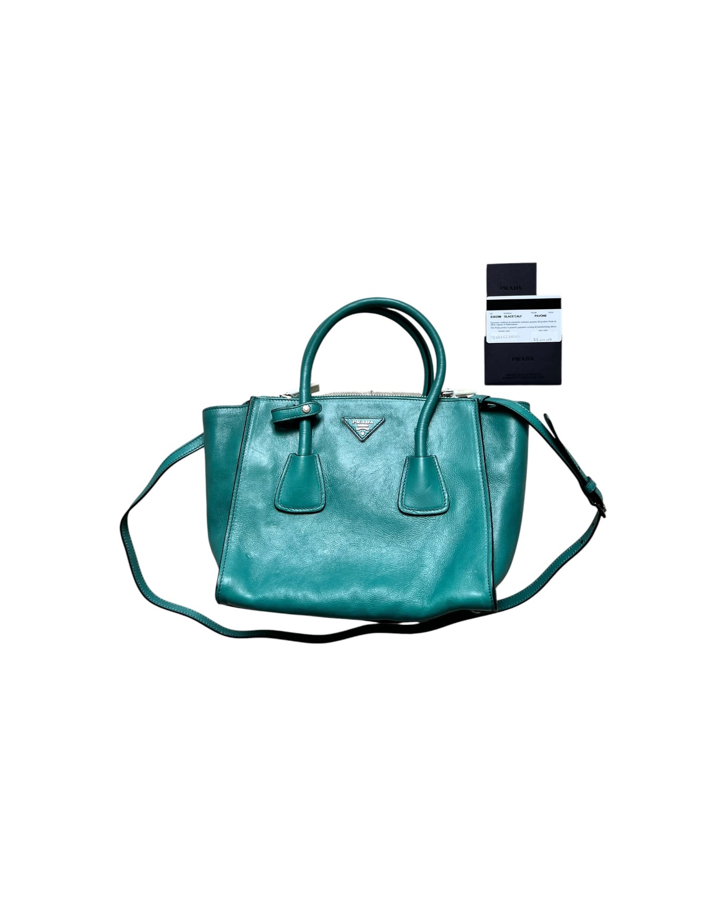 Prada Leather Bag | Pavone | Silver Tone | Detachable Strap